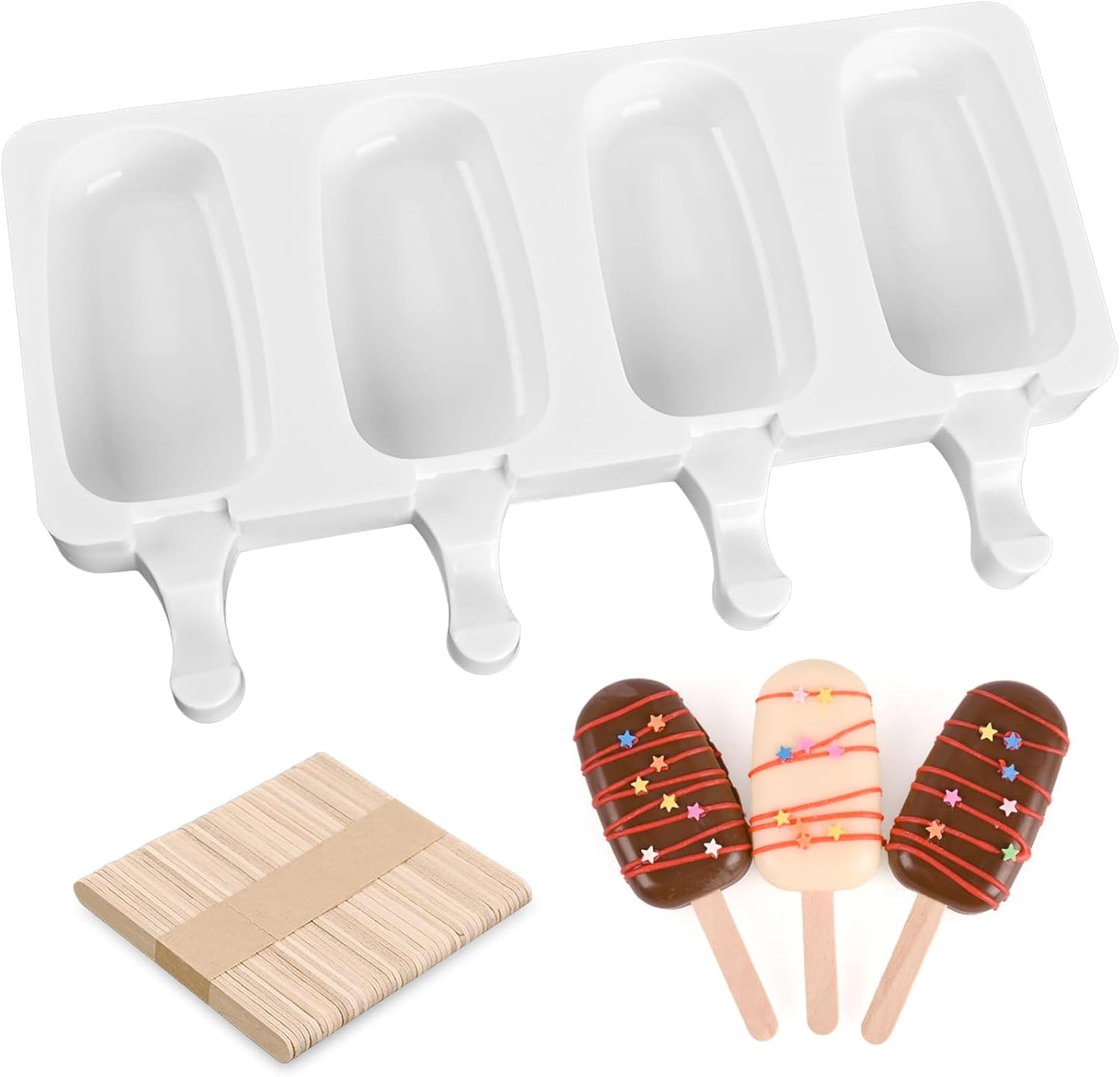 Sakolla Popsicle Silicone Mold, 4 Cavities Ice Pop Molds, Ice Cream Mold Oval Cake Molds with 50 Wooden Sticks
