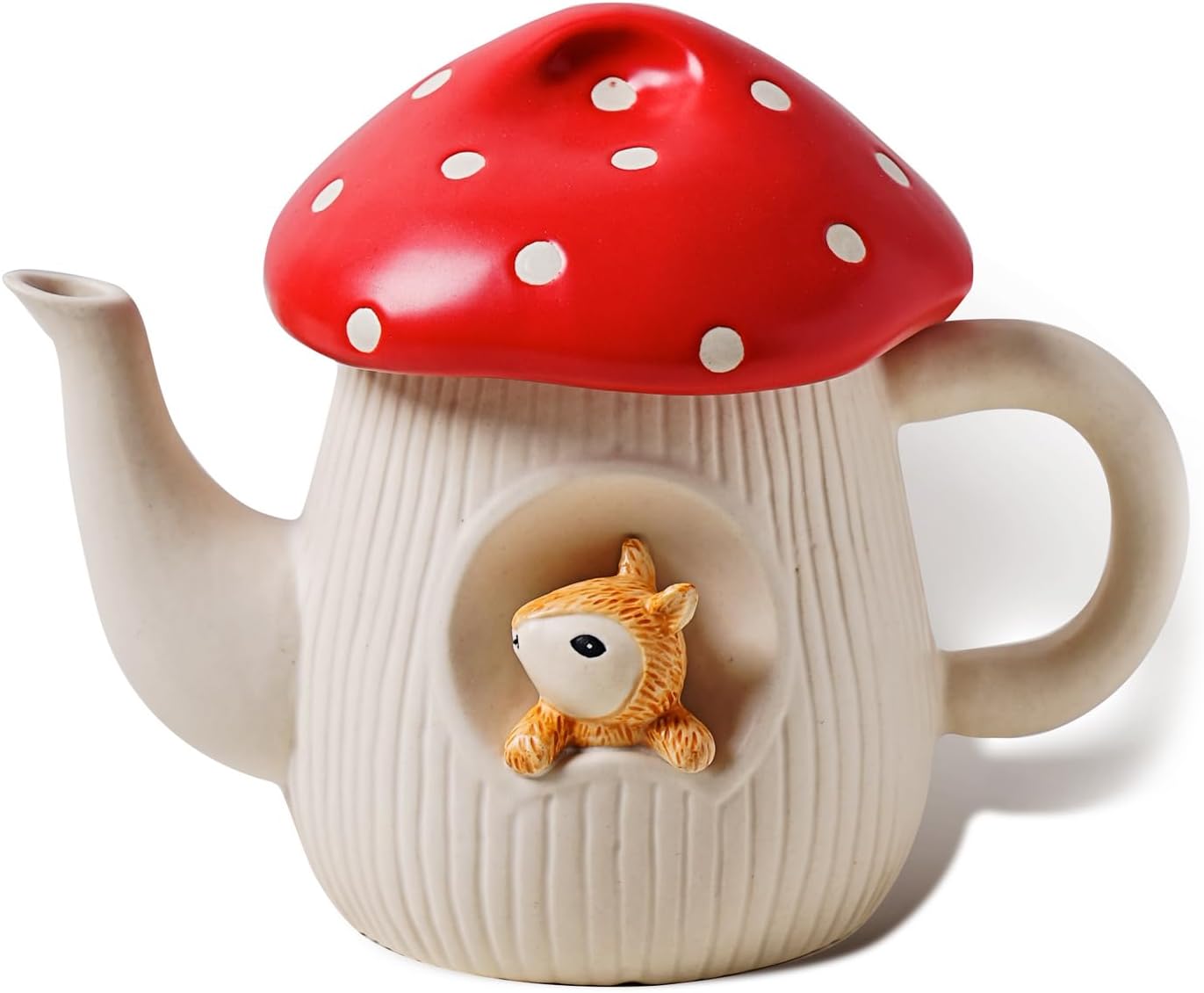 Cute Mushroom Teapot, Handmade Glaze Polka Dot Lid, Safety Matt Ceramic Tea Pot, With squirrel decoration. 23 oz / 680 ml. Best Gifts for Women & Girls.