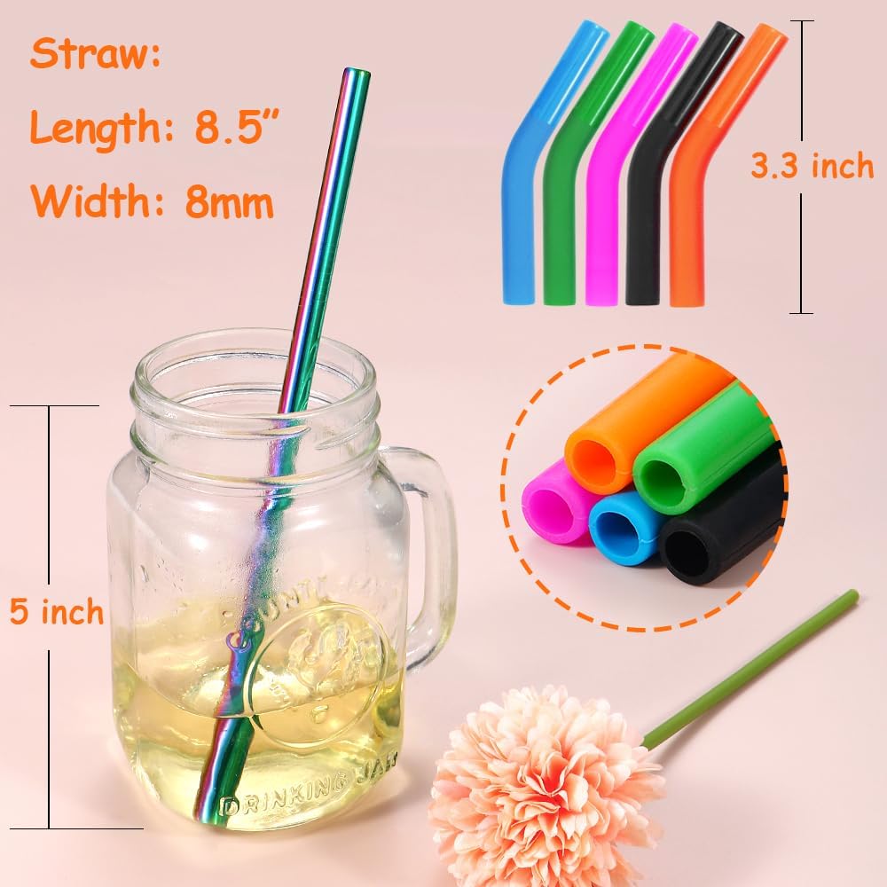 Lazycorner Reusable Stainless Steel Straws Metal Straw with Silicone Tip 5 Pcs 8mm Wide for 20/30/32oz Tumblers Smoothies and Shakes with 2 Cleaning Brushes,1 Portable Bag (Rainbow)
