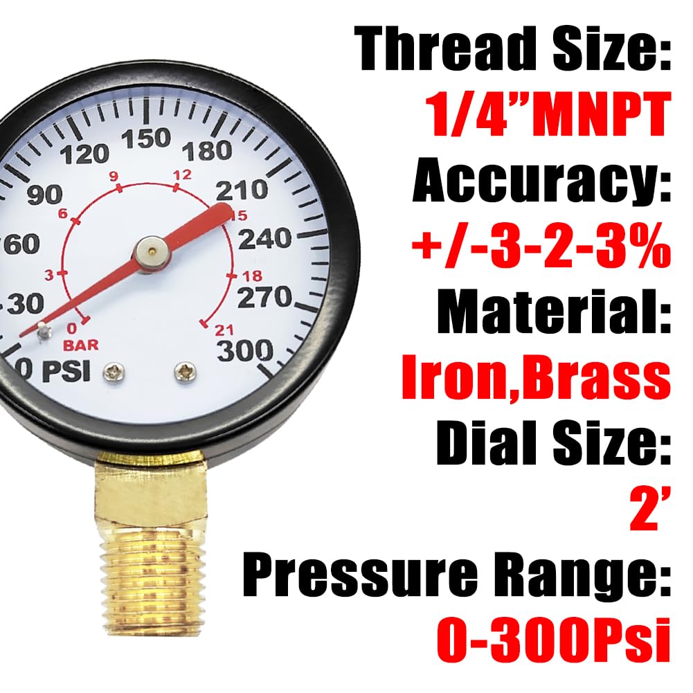 1/4" NPT 300Psi Steel Economical All Purpose Pressure Gauge with Brass Internals 2" Dial Display Bottom Mount