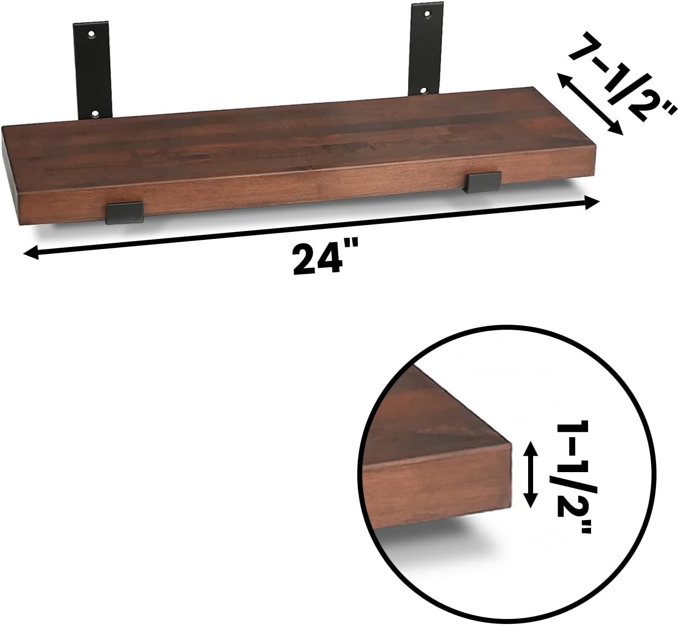 CONSDAN Floating Shelf for Wall Mounted Book Shelf Hanging Shelves Floating Bookshelf for Bedroom, Bathroom, Living Room, Kitchen USA Grown Solid Hardwood, Dark Maple 24x7.5x1.5 in