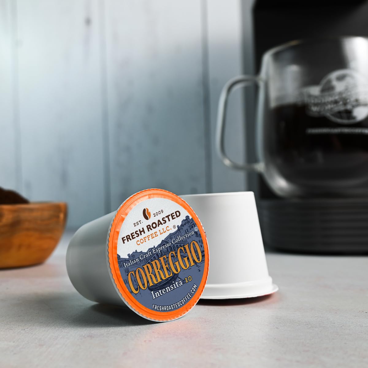 Fresh Roasted Coffee, Correggio Italian Craft Artisan Blend, Dark Roast, Kosher, 24 Pods for K cup Brewers