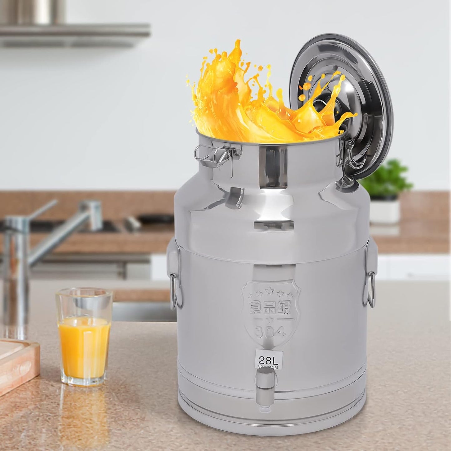 304 Stainless Steel Milk Bucket With Faucet, Large Liquid Container Storage,Milk Bucket With Sealing Lid and Carry Handle,for Wine, Oil Storage Transport (28L/7.4 Gal,w/Faucet)