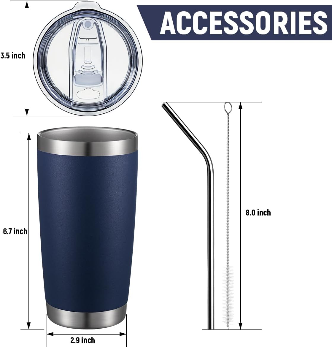 COMOOO 20oz/8Pack Double Wall Vacuum Insulated Coffee Travel Mug Stainless Steel Tumbler Bulk with Lid and Straw Durable Powder Coated Insulated Coffee Cup for Cold & Hot Drinks, Navy, 8 Pack