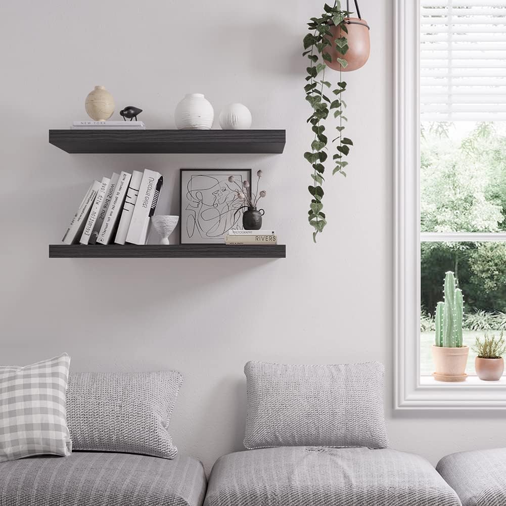 Floating Shelf, Set of 1 Wall Shelf, 24 in W x 12.75 in D x 2 in H Wooden Floating Wall Shelf with Invisible Brackets for Living Room/Bedroom/Bathroom/Kitchen Storage and Decor, Black Wood