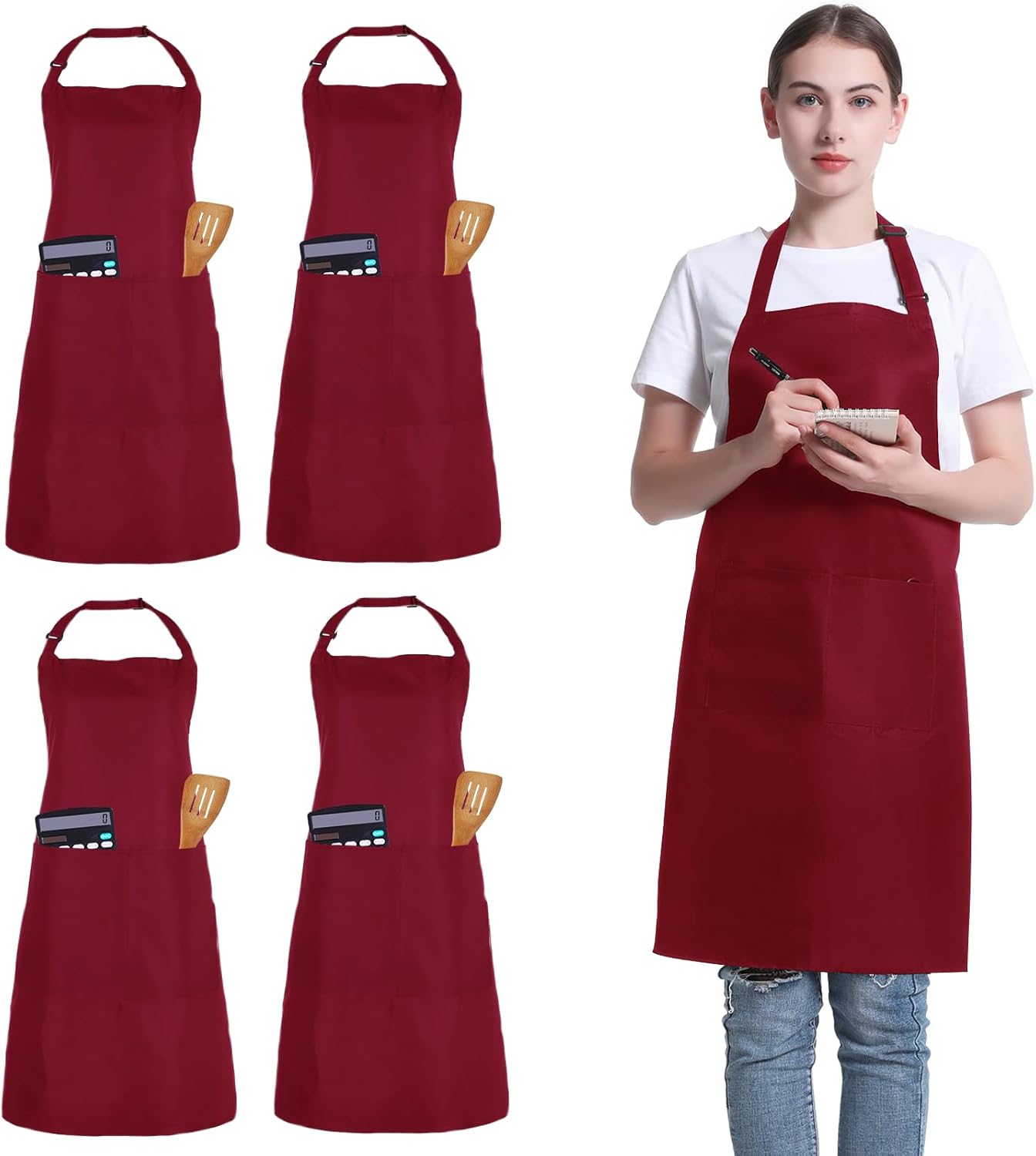 4 Pack Chef Apron, Adjustable Apron with 2 Pockets, Unisex Personalised Apron for Cooking, Kitchen, Restaurant