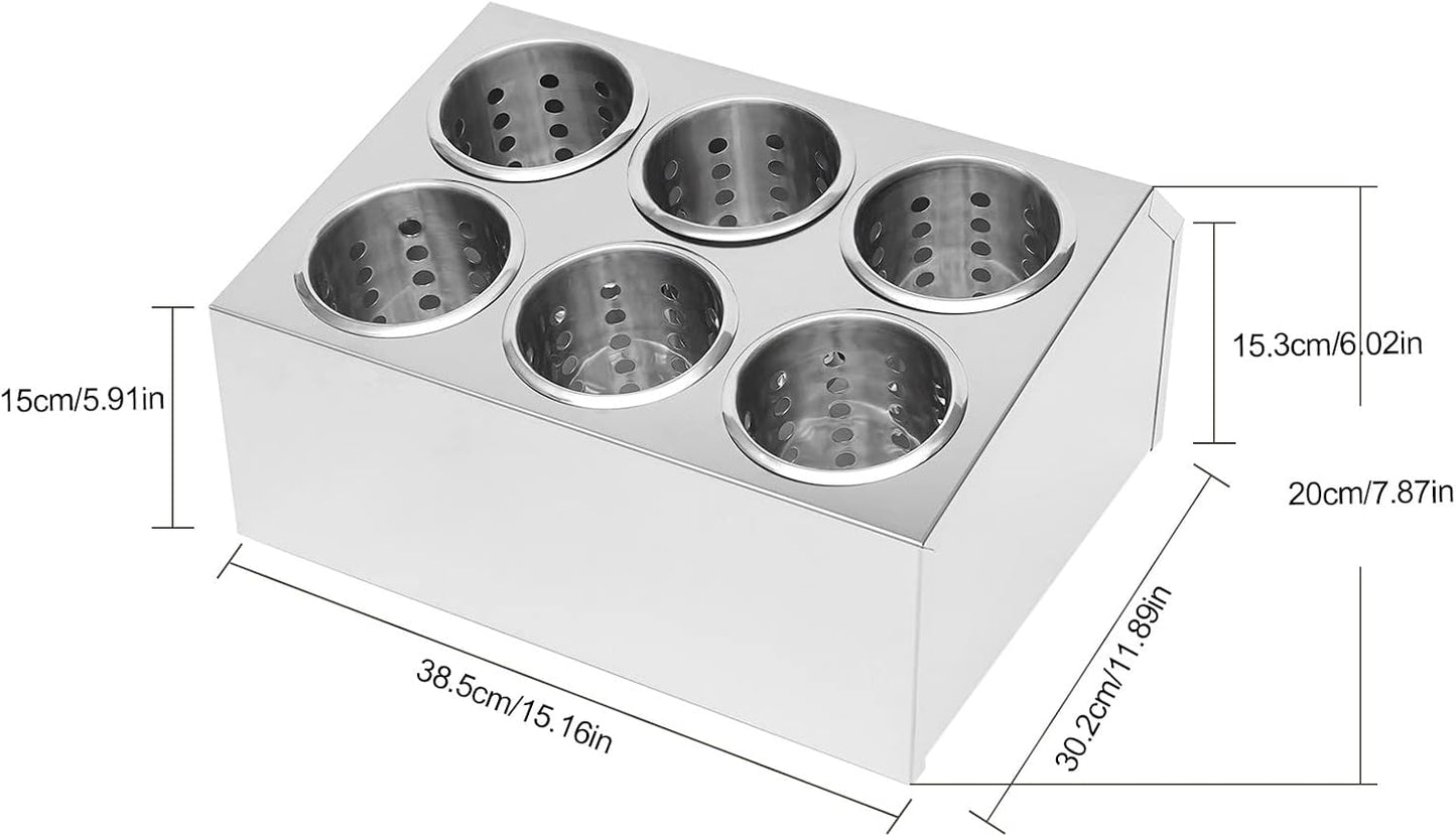 Stainless Steel Flatware Utensil Holder, Commercial 6-Hole Cylinder Silverware Organizer for Countertop Restaurant