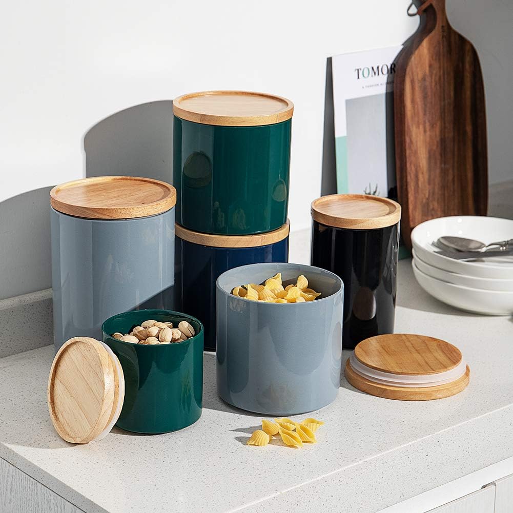 Sweejar Kitchen Canisters Ceramic Food Storage Jar, Stackable Containers with Airtight Seal Wooden Lid for Serving Coffee Bean, Flour, Tea, Cookies and More - 58 Fl Oz(Black)