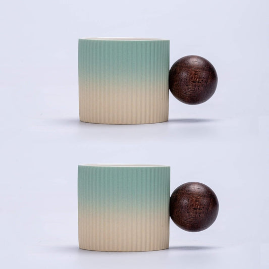 Ceramic Mini Espresso Cups Demitasse Cups with Round Wooden Handle Vertical Stripes Tea Cups (Beige&Green, 2pcs)