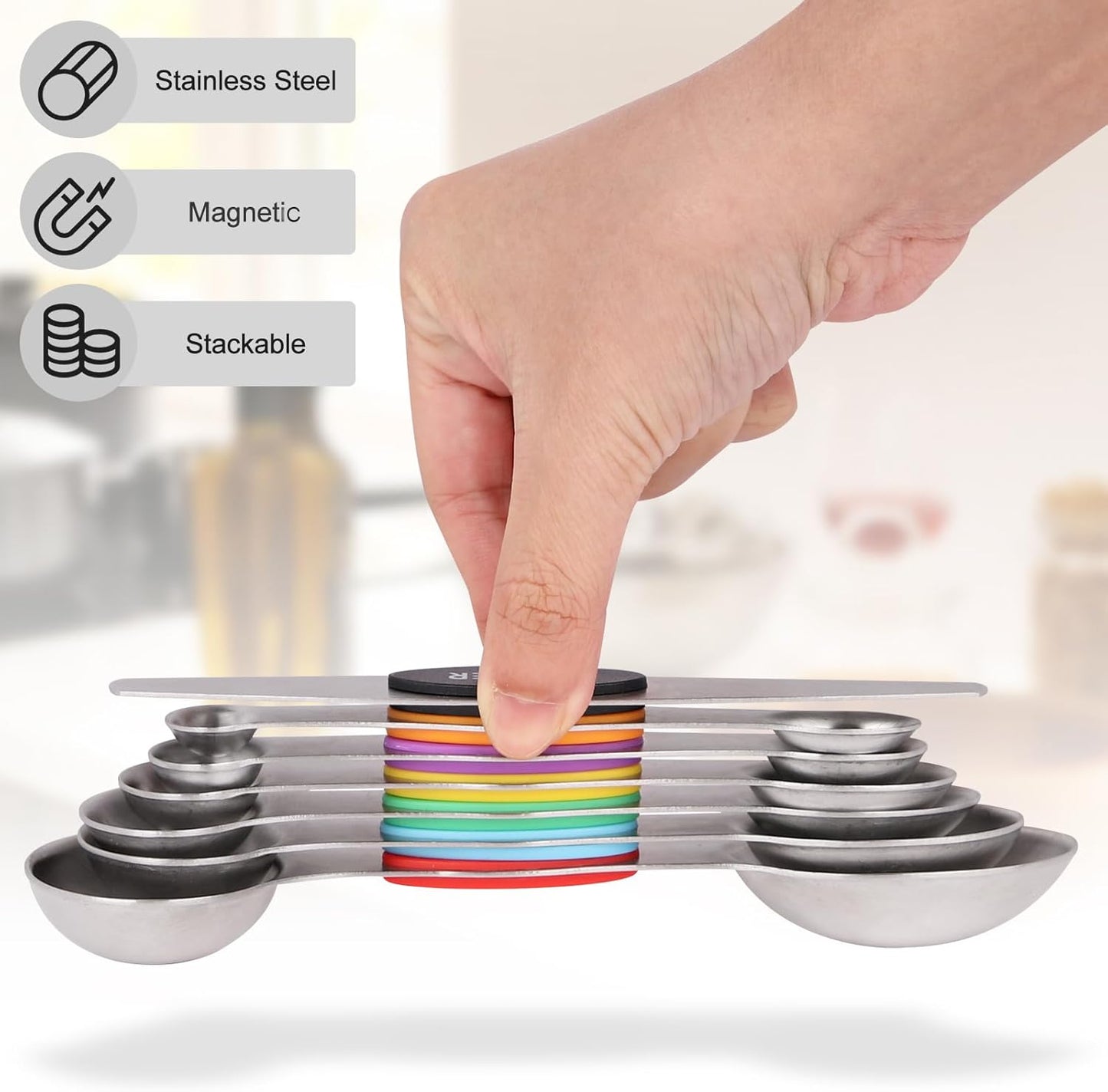 Magnetic Measuring Spoons Set - 7-Piece Stainless Steel Dual Sided Spoons with Leveler, Rustproof Nesting Design for Cooking, Baking & Medicine (US/Metric Markings, Dishwasher Safe)