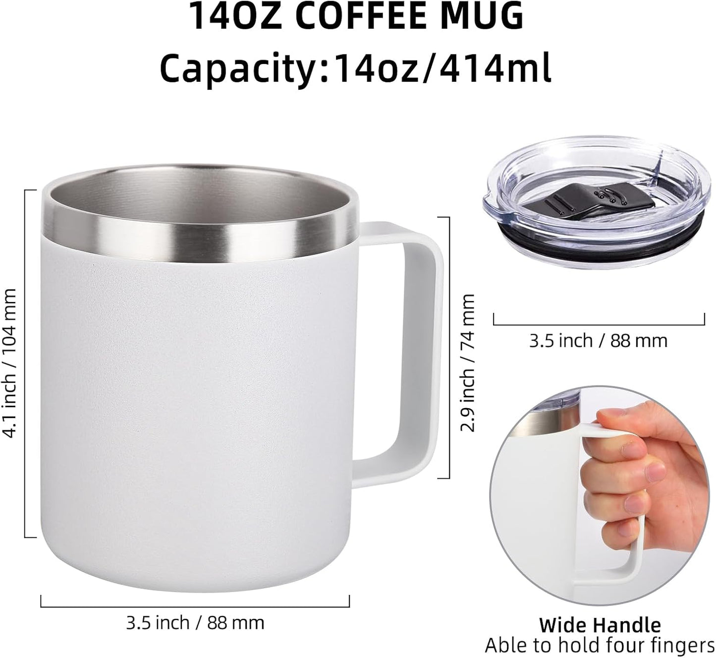 Volhoply 14oz Insulated Stainless Steel Coffee Mug with Lid Bulk 4 Pack,Not Suitable for Sublimation,Double Wall Vacuum Travel Coffee Cup with Handle, Reusable Metal Camping Mugs Keep Cold(White,4)