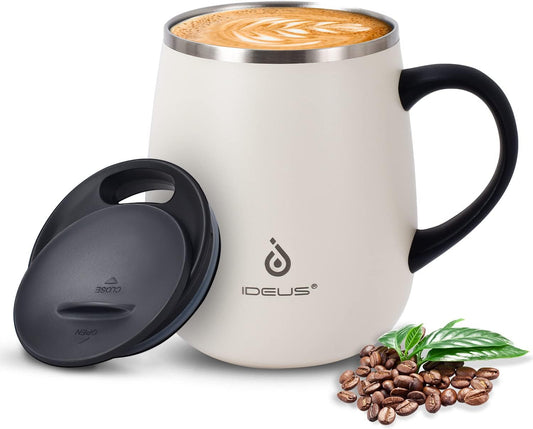 Ideus 16 oz (470 ml) Insulated Coffee Mug with Handle and Lid, Double Wall Stainless Steel Vacuum Thermal Coffee Mug, Travel Coffee Cup Thermal Cup for Home and Office (Snow Mountain White)