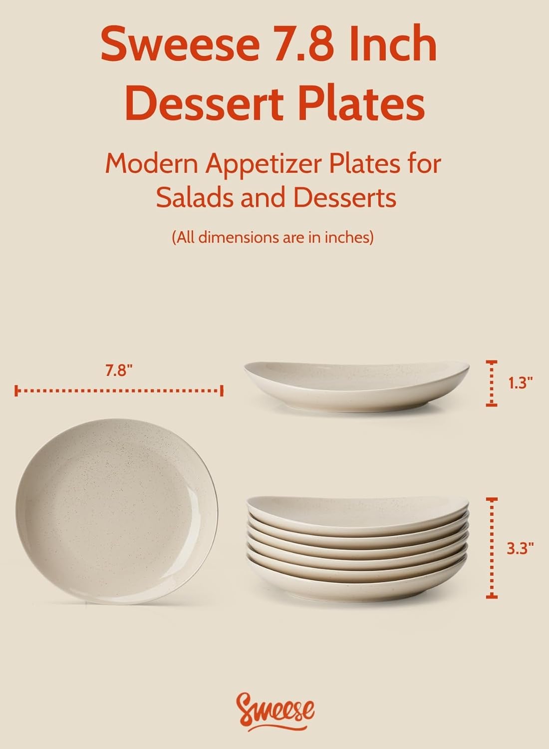 Sweese 7.8" Porcelain Dessert Plates, Beige, Set of 6 - Scratch-Resistant, Microwave Oven Safe Appetizer Plates