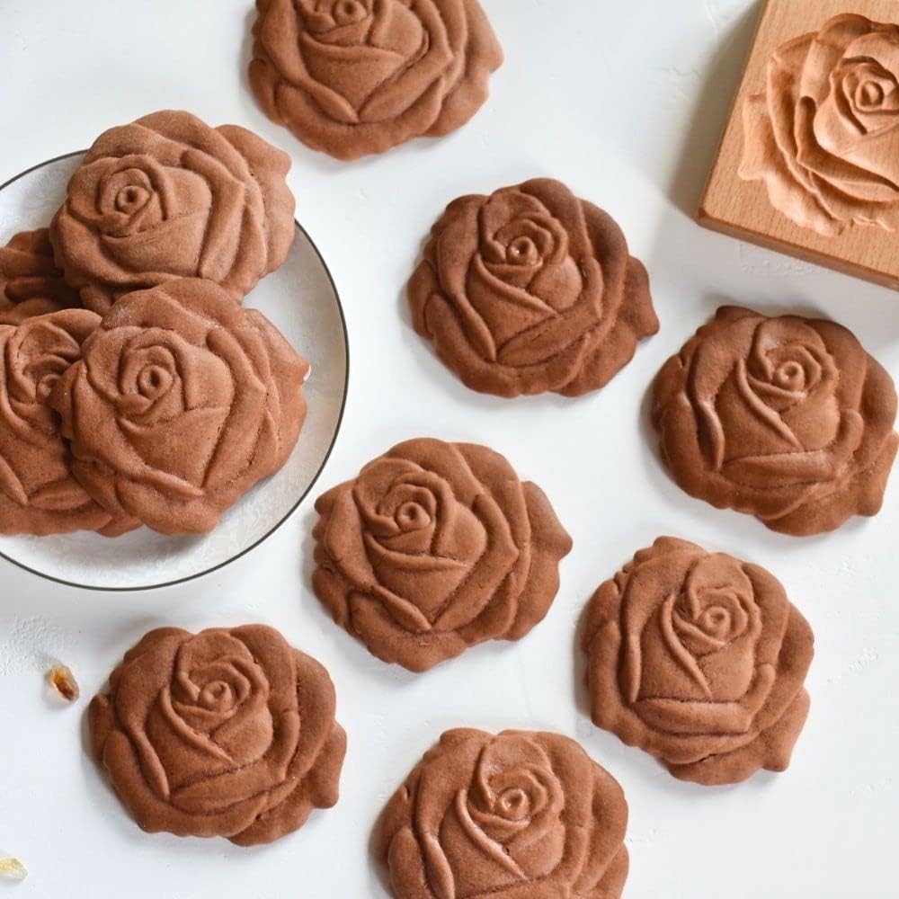 Wooden Cookie Mold - Biscuit Baking Cutter, Carved Embossing Stamp for DIY Shapes, Gingerbread, Pine Cone (Rose)