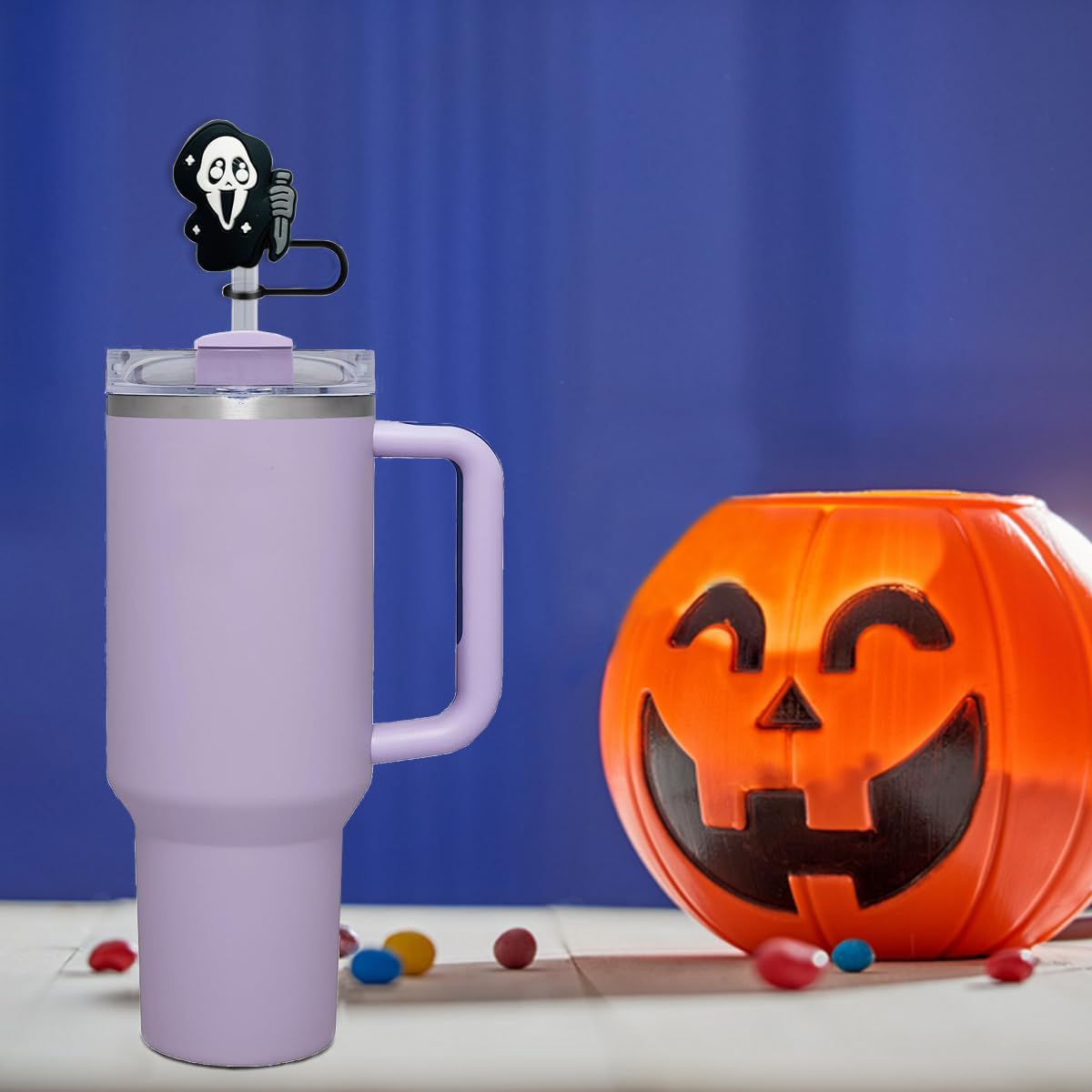 16PCS Halloween Straw Toppers for Stanley Cup, Cute Silicone Skull Ghost Straw Covers Cap Compatible with 30&40oz Tumbler with Handle,10mm 0.4in Dust-Proof Reusable Tips Lids for Halloween Gifts
