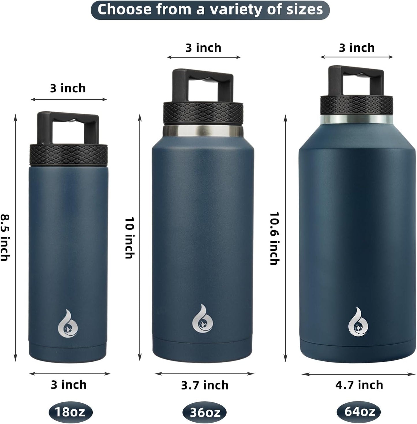 BJPKPK Insulated Water Bottles, Dishwasher Safe 18 oz Water Bottle with Handle, Leakproof BPA Free Water Jug, Stainless Steel Thermos for Sports, Navy Blue