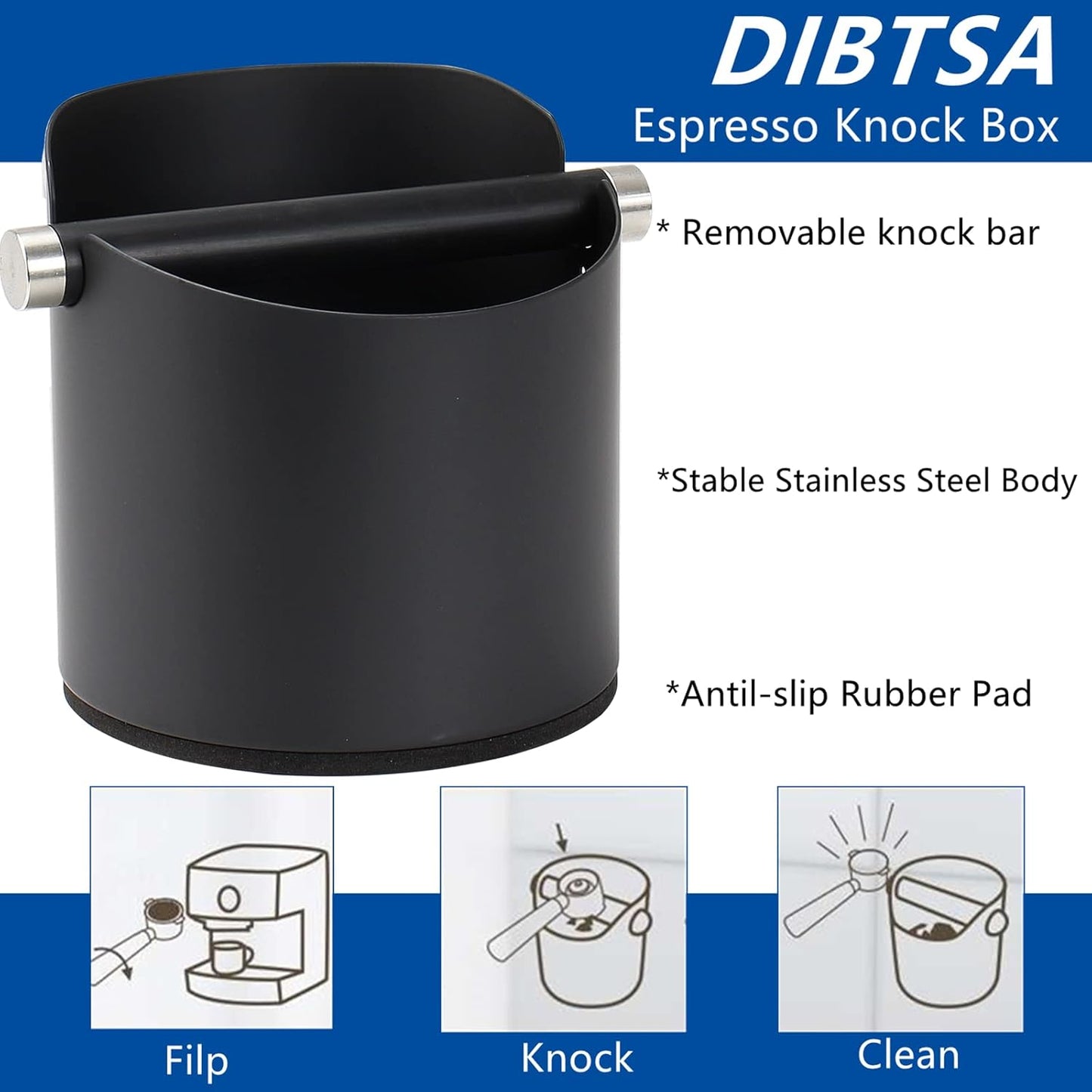 Large Size Coffee Knock Box, Espresso Knock Box Stainless Steel Espresso Machine Accessories with Removable Knock Bar and Non-Slip Base Coffee Grounds Container Bin (Black)
