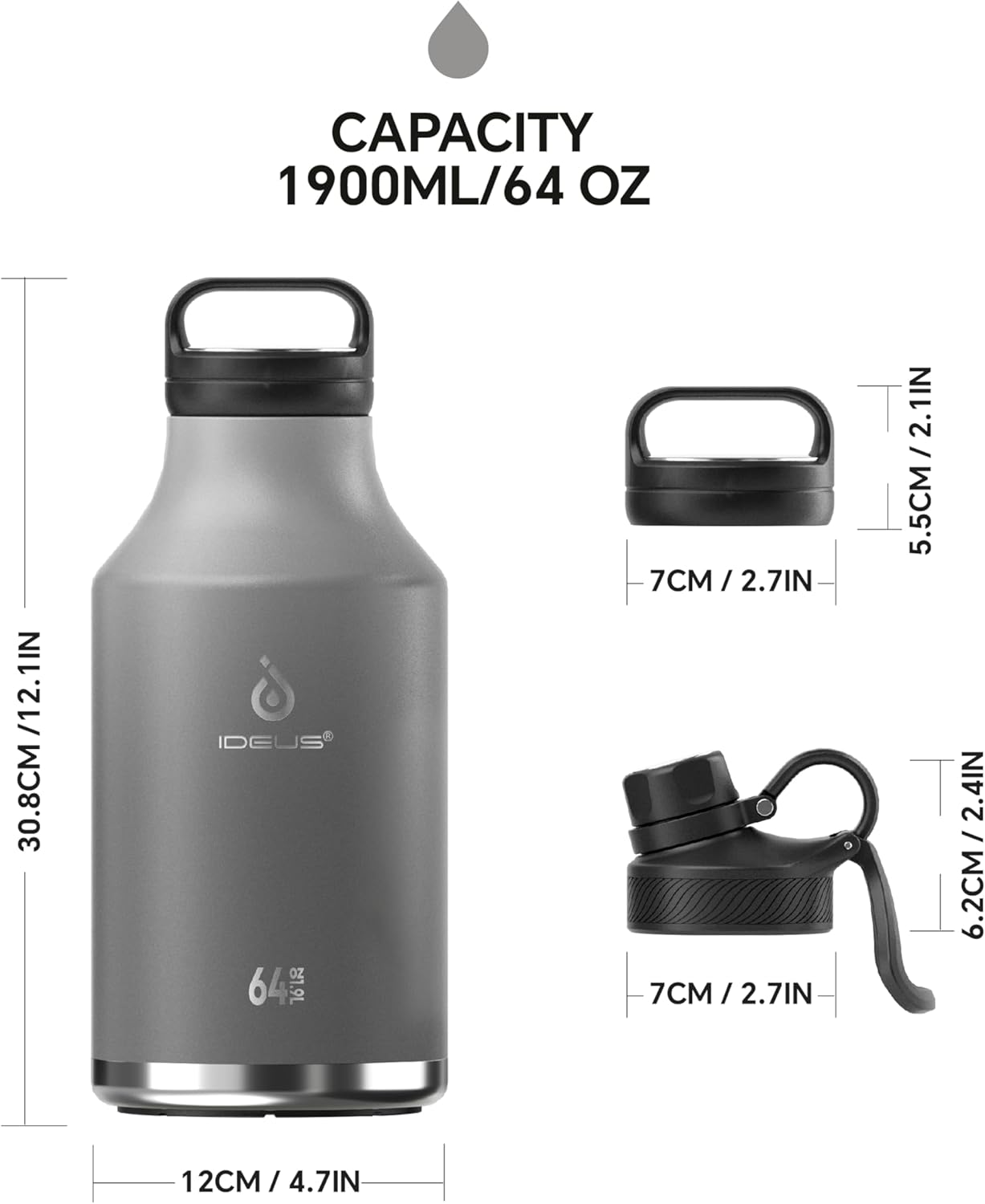 IDEUS Insulated Stainless Steel Water Bottle with 2 Leak-Proof Lids, Thermal Water Flask for Hiking Biking, 64oz, Bright Blue