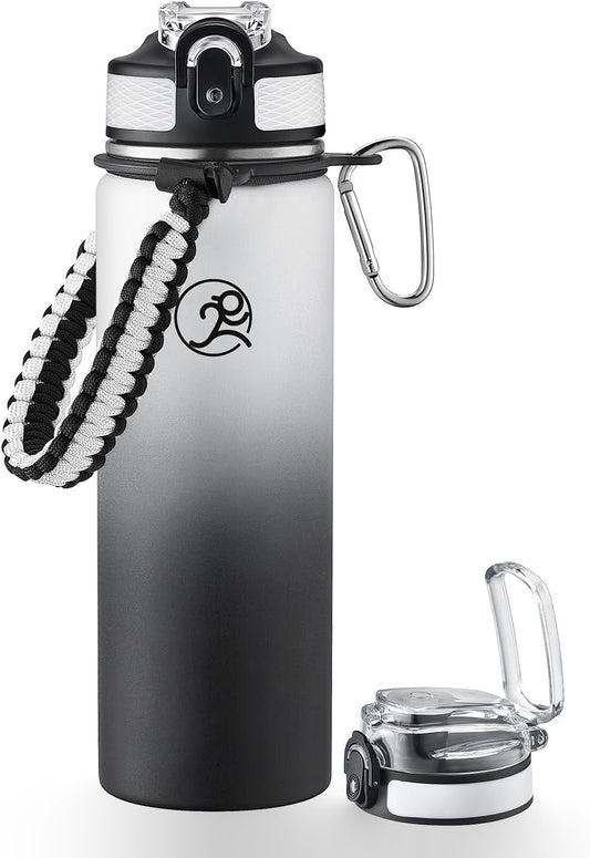 GOSWAG Insulated Sports Water Bottle, 24oz 2 Lids(with Straw/No Straw), Stainless Steel Water Bottles with Paracord Handle, Insulated Bottle with Double-Wall Vacuum Insulation