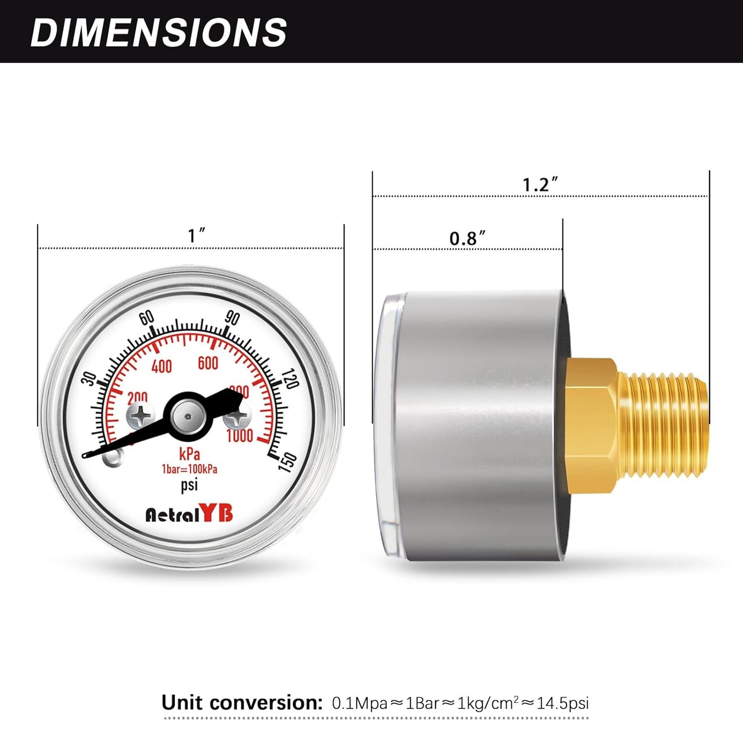 Mini 1 Inch Pressure Gauge, 0-150Psi/Kpa Dry Pressure Gauge, 1" Dial Size, 1/8 Npt Back Mount, Stainless Steel Case, for Water, Air,Oil Pressure Test