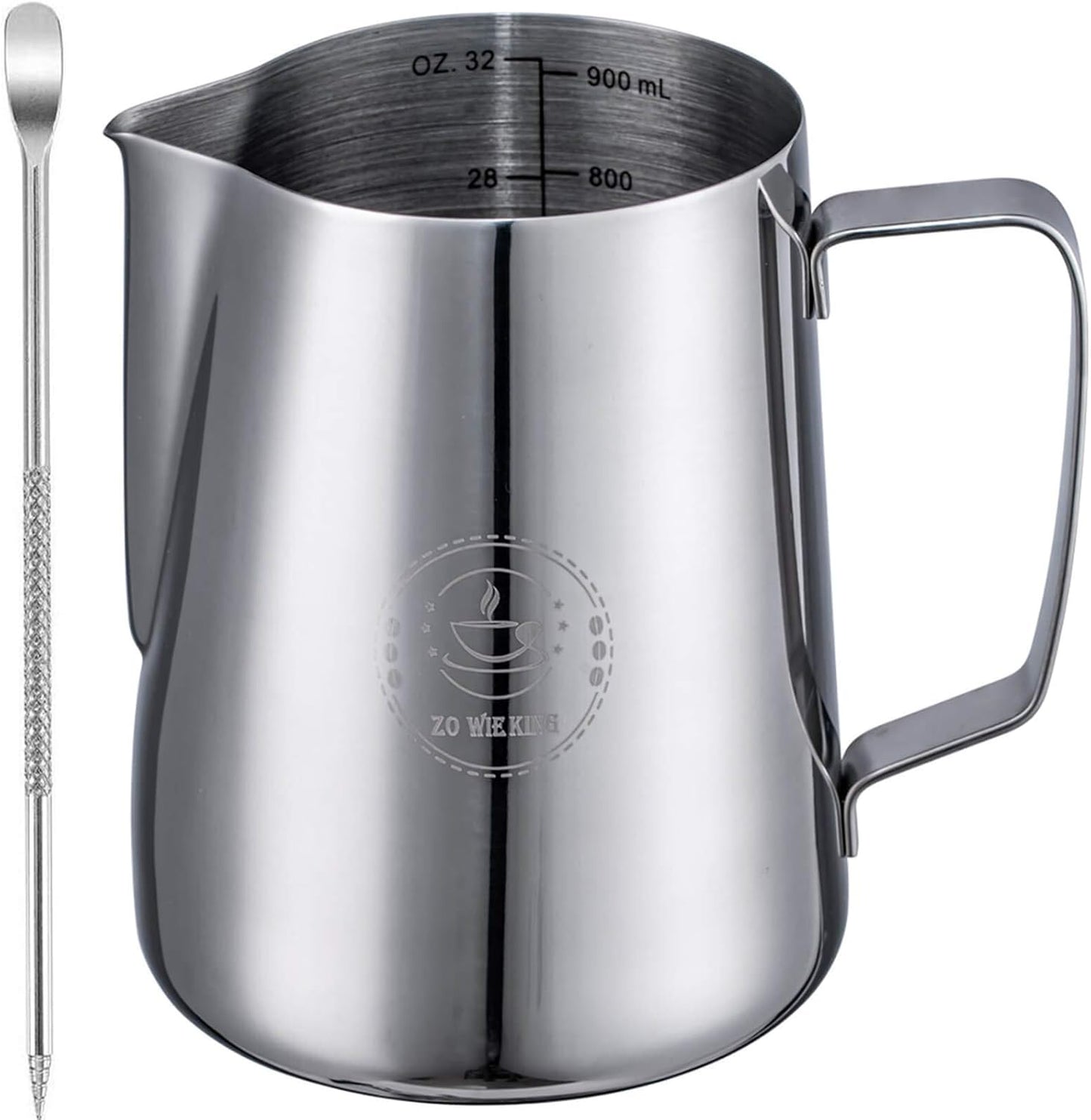 Milk Frothing Pitcher 32oz,Espresso Steaming Pitchers 900ml,Espresso Machine Accessories,Milk Frother Cup 32 Oz,Coffee Cappuccino Latte Art,Stainless Steel Jug
