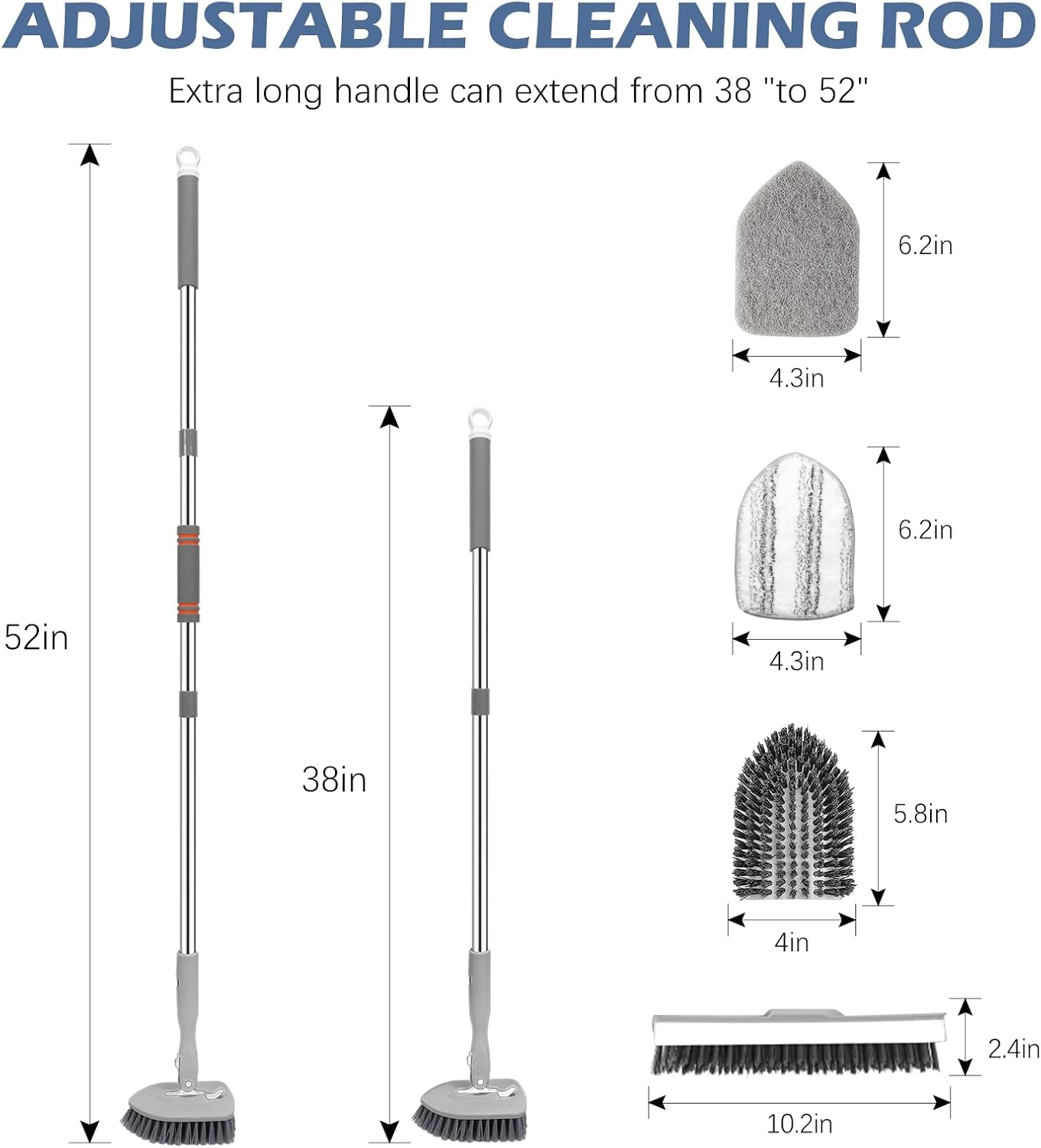 SetSail 4-in-1 Tile Tub Floor Scrubber with 52-inch Long Adjustable Handle Shower Cleaner Brush with V-Shaped Grout Brush and 3 Replacement Brush Heads for Bathroom Kitchen Sink Walls Tub Tile, Grey