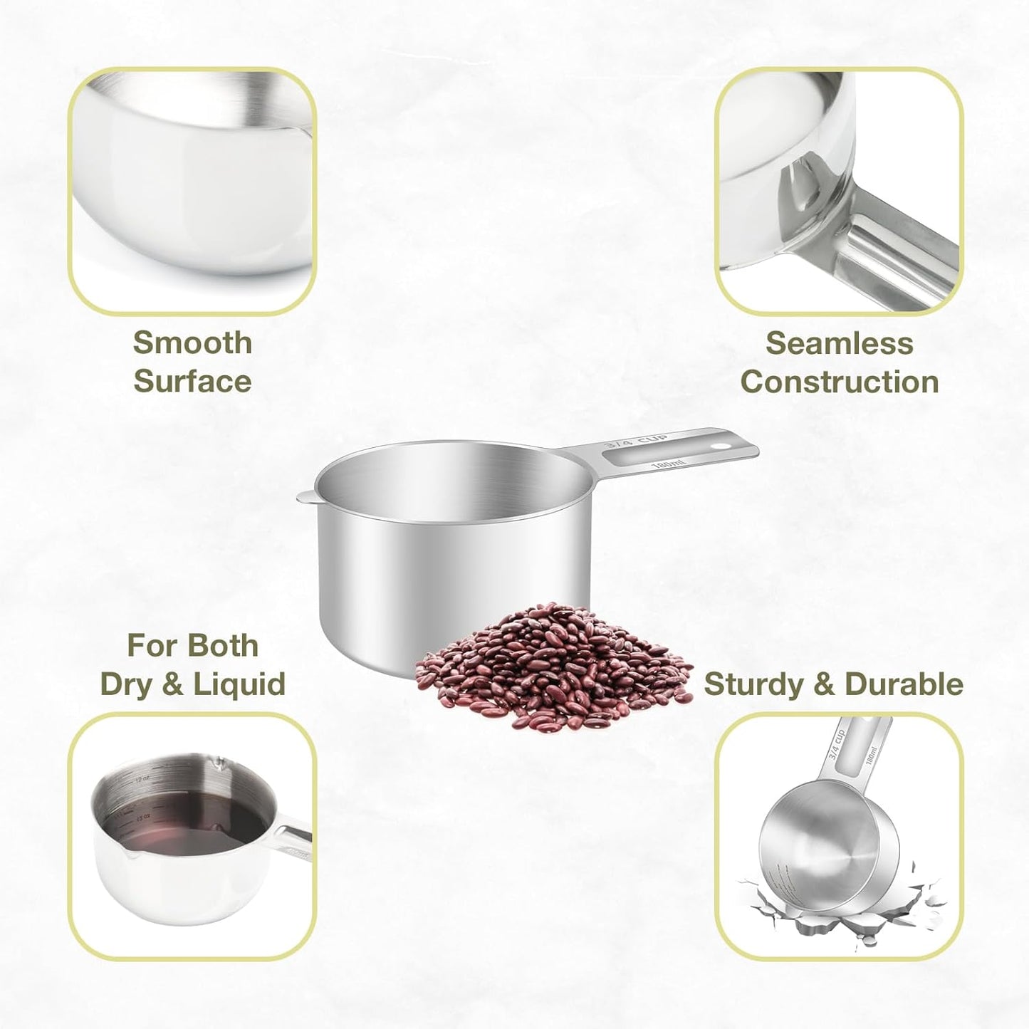 1PCS 3/4Cup (180ml, 6oz) Single Measuring Cup, Etched Inner Scale Stainless Steel Measure Scoop, Metric and US Measurement, Dishwasher Safe