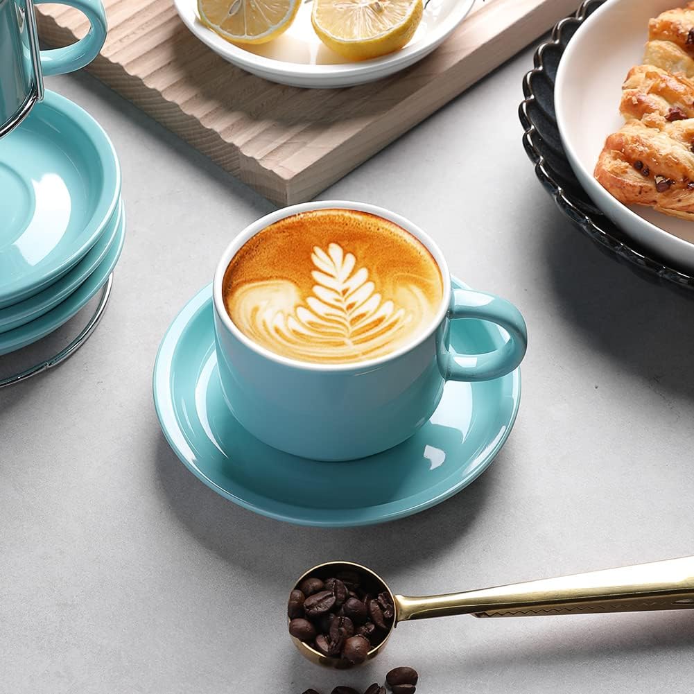 Sweejar Porcelain Cappuccino Cups with Saucers and Metal Stand, 8 Ounce Stackable Espresso Cups for Specialty Coffee Drinks, Latte, Americano, Tea - Set of 4 (White)