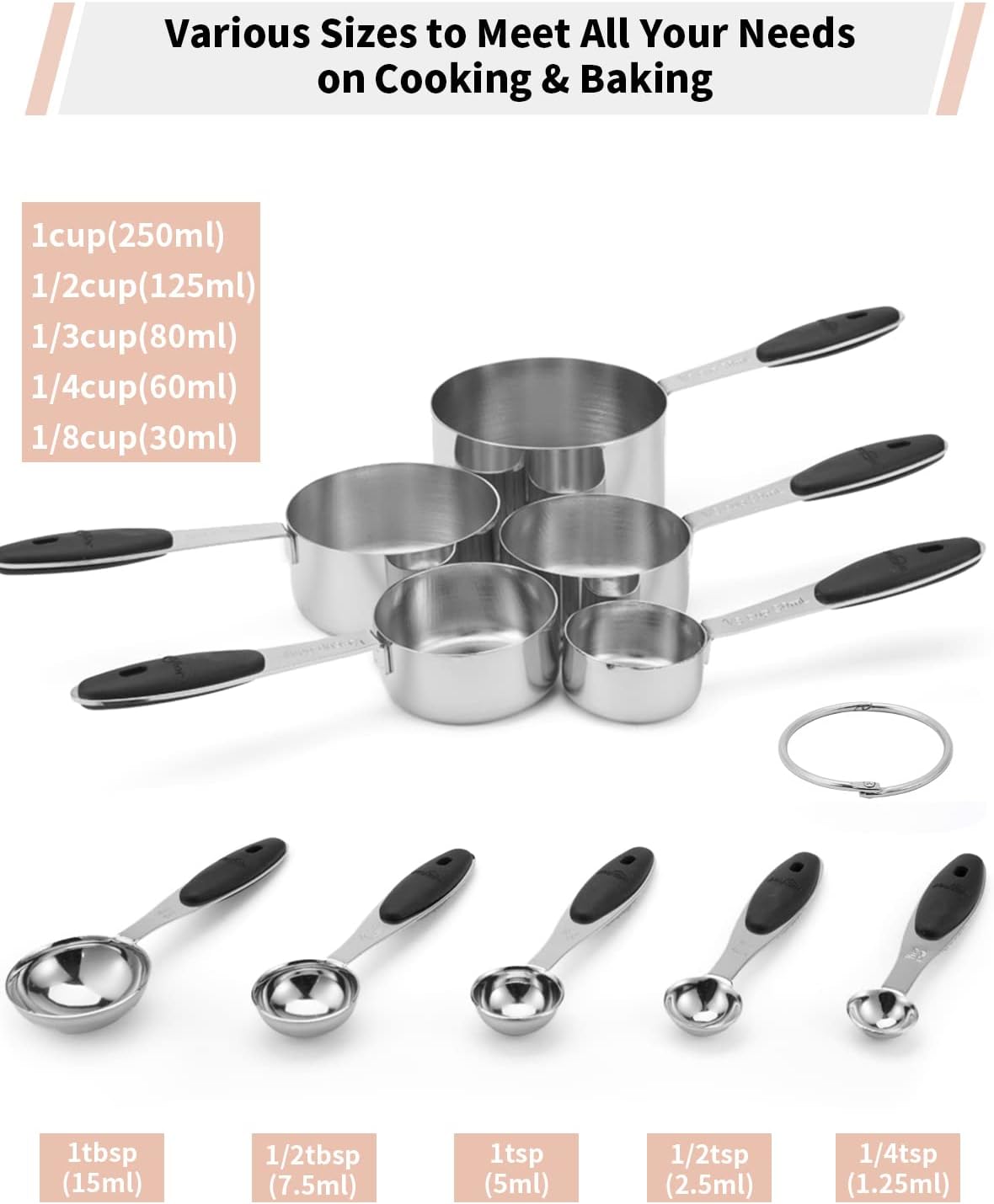 Joyhill Stainless Steel Measuring Cups and Spoons Set of 10 Piece, Nesting Metal Measuring Cups Set with Soft Touch Silicone Handles for Dry and Liquid Ingredients, Cooking & Baking (Black)