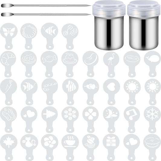 72 Pieces Coffee Decoration Stencils Latte Art Template Coffee Mold Tool with 2 Latte Art Pen 2 Dusting Jars Mesh Powder Shaker for Cake Cookie Decorating Oatmeal Cappuccino Hot Chocolate
