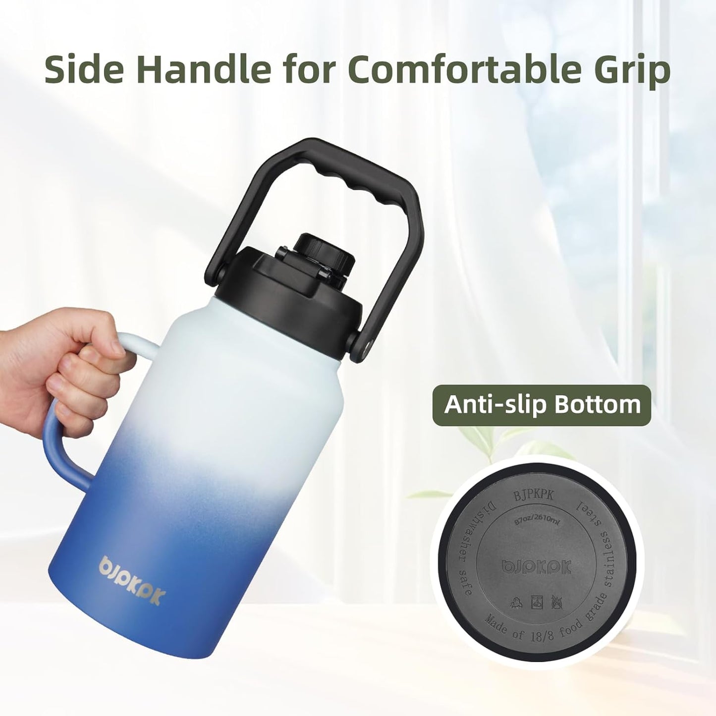 BJPKPK 87oz Insulated Water Bottle with Handle, Large Dishwasher Safe 2/3 Gallon Water Bottle, BPA Free Water Jug, Wide Mouth Metal Water Bottle with Anti-slip Bottom, Keep Cold & Hot,Black