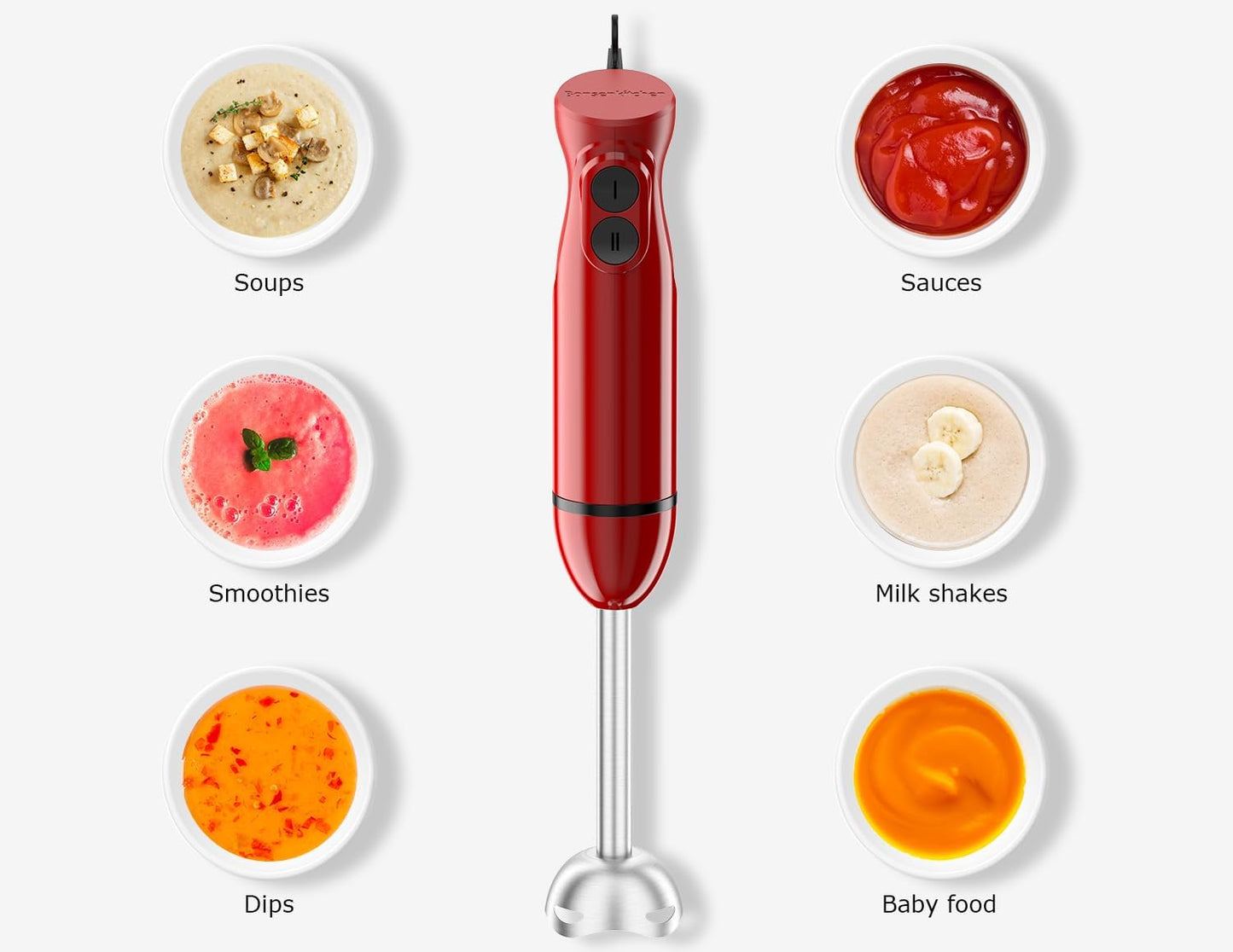 Bonsenkitchen Hand Blender, Immersion Blender with 2 Mixing Speed, Portable Electric Handheld Stick Mixer with Stainless Steel Blades for Soup, Smoothie, Puree, Baby Food, Red