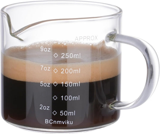 BCnmviku Espresso Cup Measuring Cup Triple Pitcher Milk Cup 250ML/8.5OZ Espresso Cups with Handle Shot Glass with V-Shaped Mouth Clear Accessories Milk Frothing Pitcher (1)