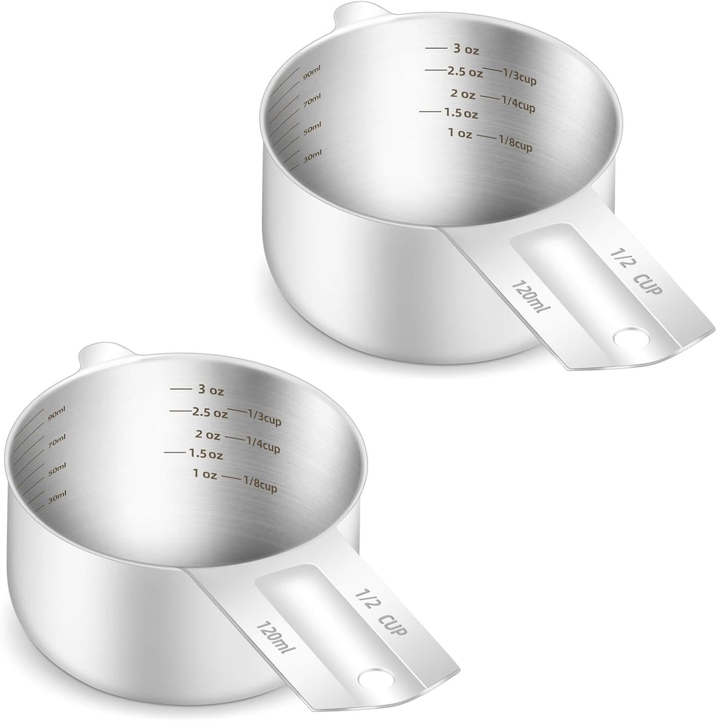 2PCS 1/2Cup (120ml, 4oz) Single Measuring Cup, Etched Inner Scale Stainless Steel Measure Scoop, Metric and US Measurement, Dishwasher Safe