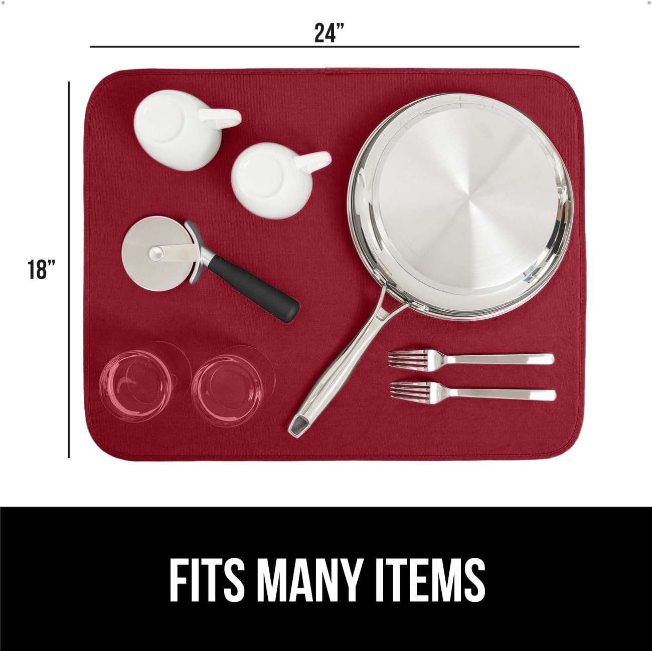 GORILLA GRIP Ultra Water Absorbent Microfiber Dish Drying Mat, 18x24, Quick Dry Thick Mesh, Slip Resistant Pad for Sink Dishes or Under Rack, Kitchen Counter Accessories, Machine Wash, 2 Pack Red