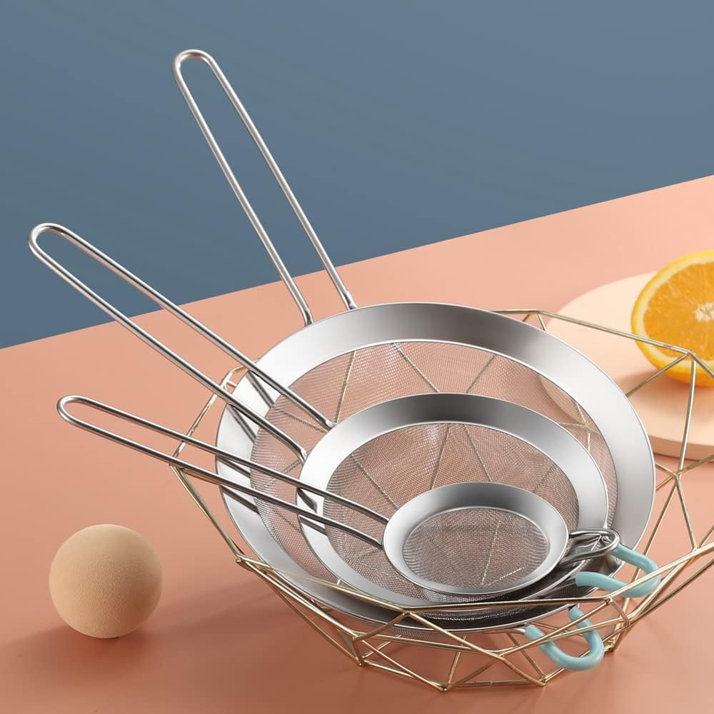 304 Stainless Steel 3.15 inch Fine Mesh Strainers for Kitchen, Colander-Skimmer with Handle, Sieve Sifters for Food, Tea, Rice, Oil, Noodles, Fruits, Vegetable 3inch