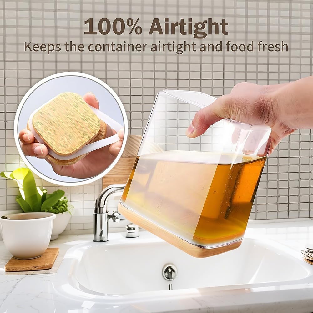 Square Storage Containers with Lids, Clear Food Storage Container Jar with Sealing Bamboo Lid for Noodles Flour Cereal Rice Sugar Tea Coffee Beans