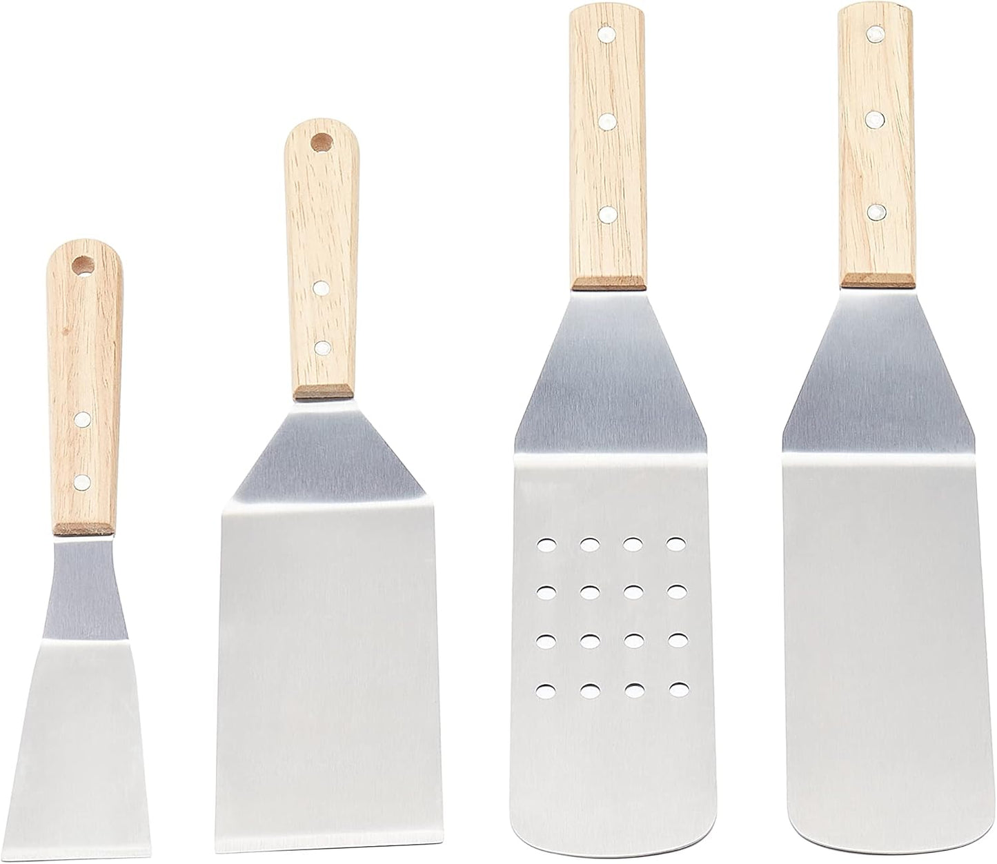 Amazon Basics 4-Piece Stainless Steel Barbecue Flat Griddle Spatula Set, Waterproof, Anti-UV, Durable, Silver