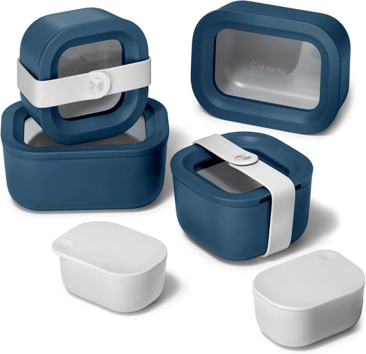 Caraway Mini Food Storage 11pc Set - Glass Storage Containers for Food - Non-Toxic Ceramic-Coated Glass - Air Release Technology - Compact & Stackable Design - Navy
