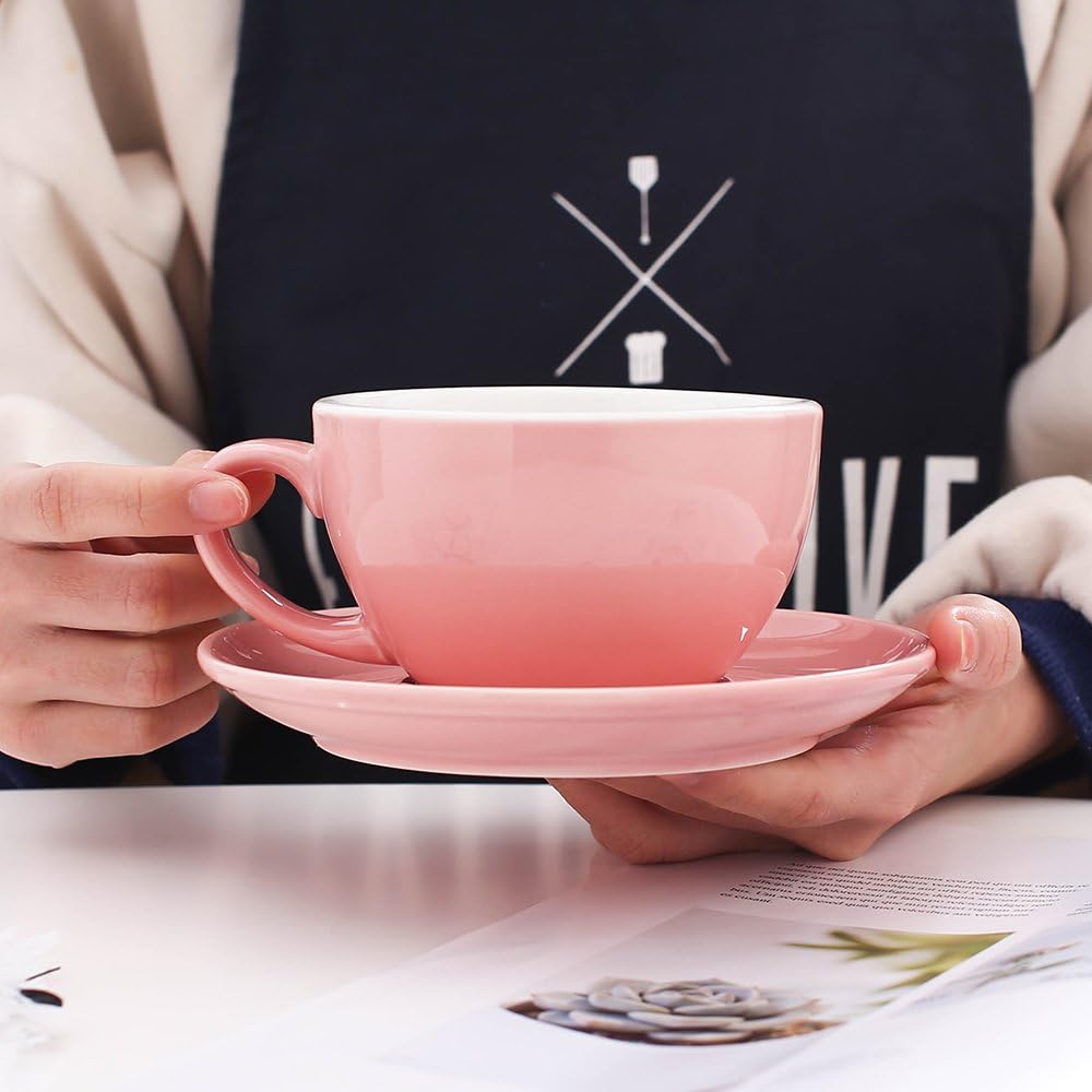 Latte Art Cup and Saucer for Latte & Cappuccino & Double Espresso, New Bone China, Mate for Coffee Shop and Barista (Glossy Pink, 10.5 oz)