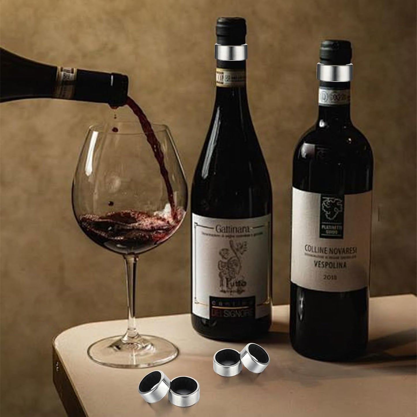 4PCS Wine Drip Ring, Wine Drip Collars Stainless Steel Wine Collar Drip Ring Simple Wine Bottle Drip Collar with Velvet Felts Clever Dripper Guard Holder Tools Bar Kitchen Gadgets Wine Accessories