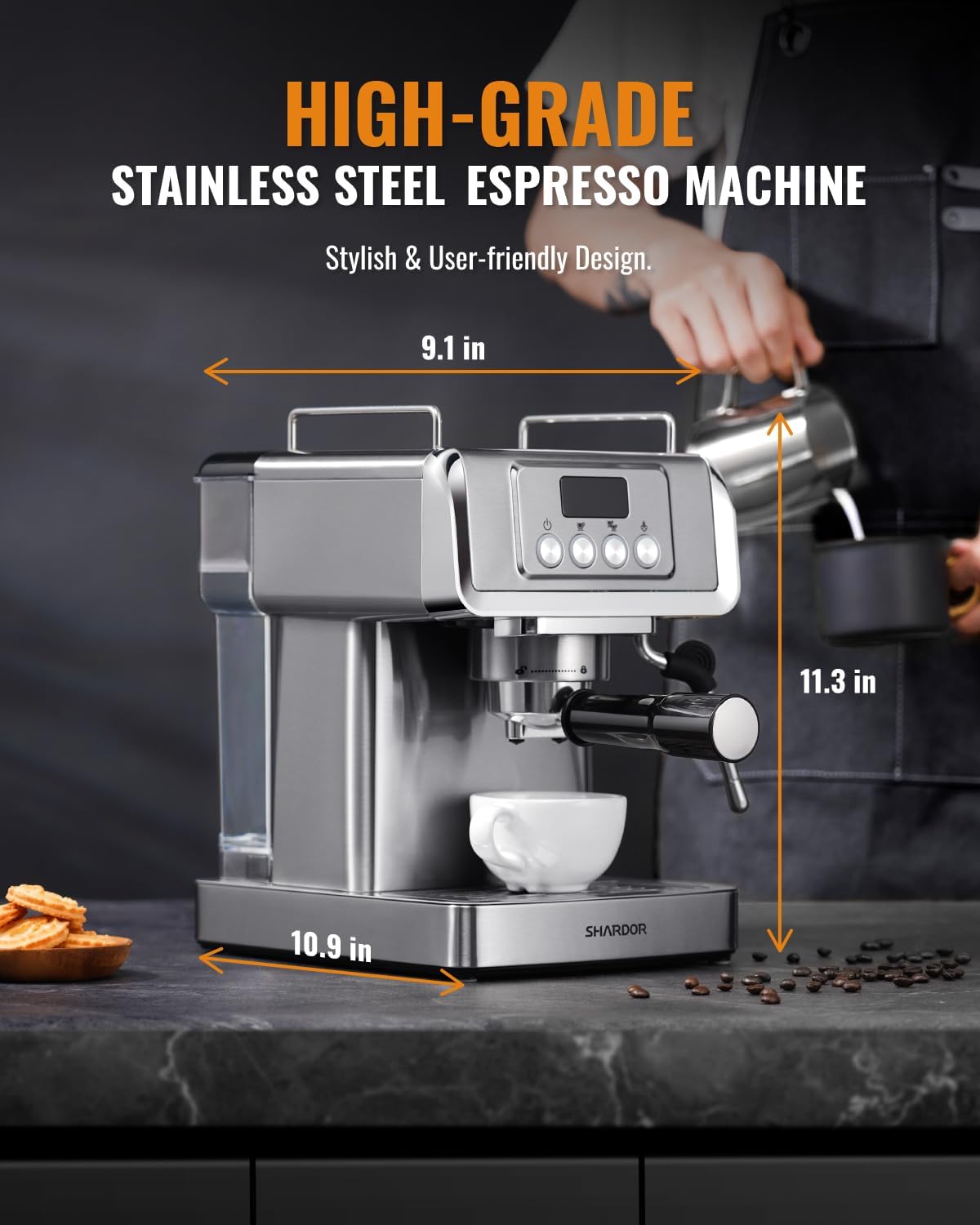 SHARDOR Espresso Machine 20 Bar with Milk Frother Steam Wand, Professional Latte & Cappuccino Maker for Home, 60 Oz Water Tank, Temperature Display, Stainless Steel, 1350W