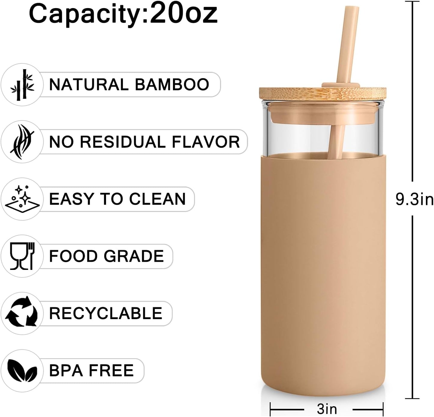 Tronco 20 oz Glass Tumbler with Lid & Straw - Iced Coffee Cup & Smoothie Cup With Silicone Sleeve | BPA-Free, Dishwasher Safe | Reusable Glass Cups with Bamboo Lids and Straws (Light Purple, 1 Count)