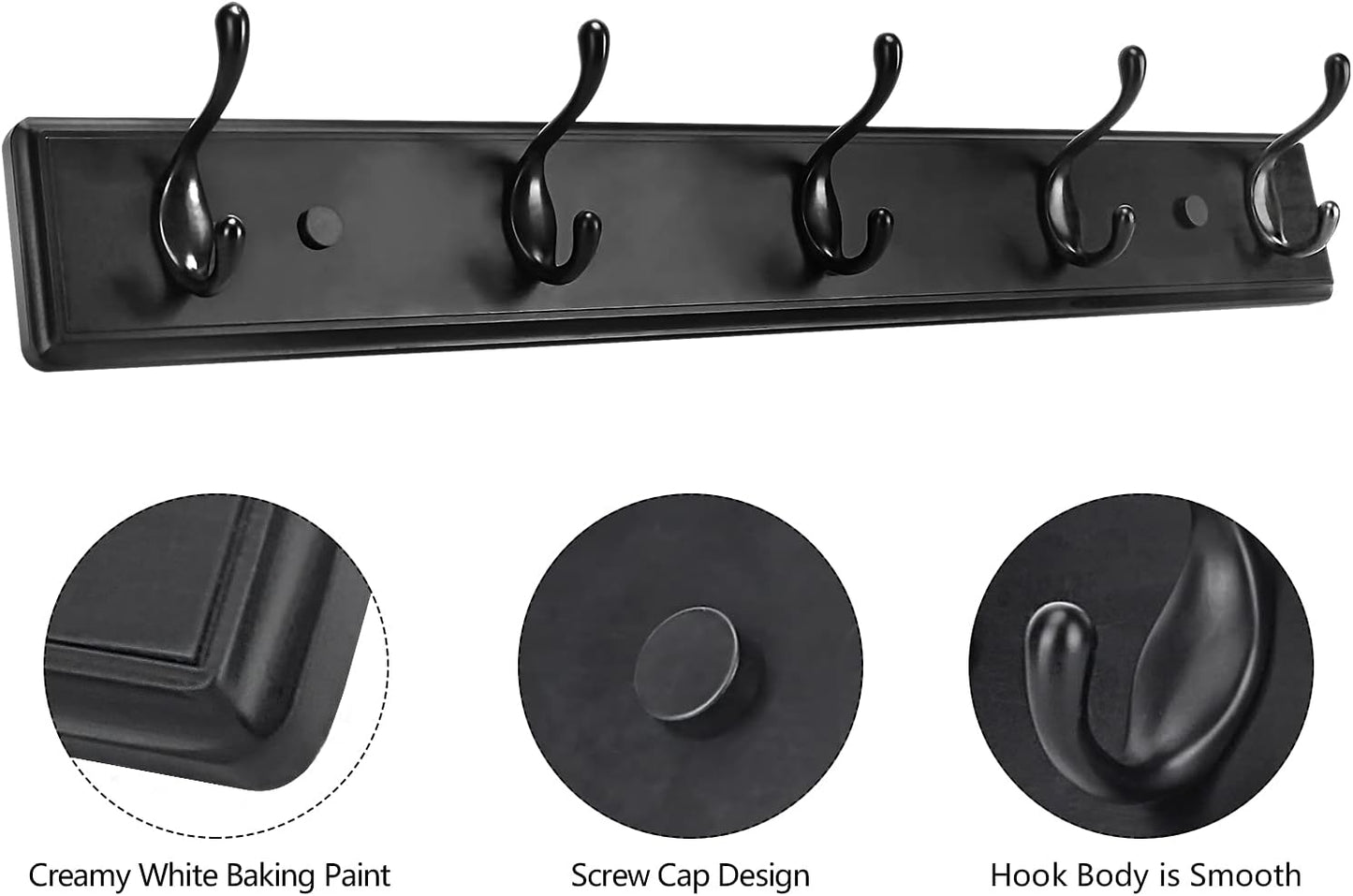 Wooden Coat Rack, Wall-Mounted Organizer for Closet, Entryway, Hallway, Foyer, Bedroom, Heavy Duty Double Hooks for Hanging Towels, Bags, Hats, Jackets, Key (Black, 5 Hooks)