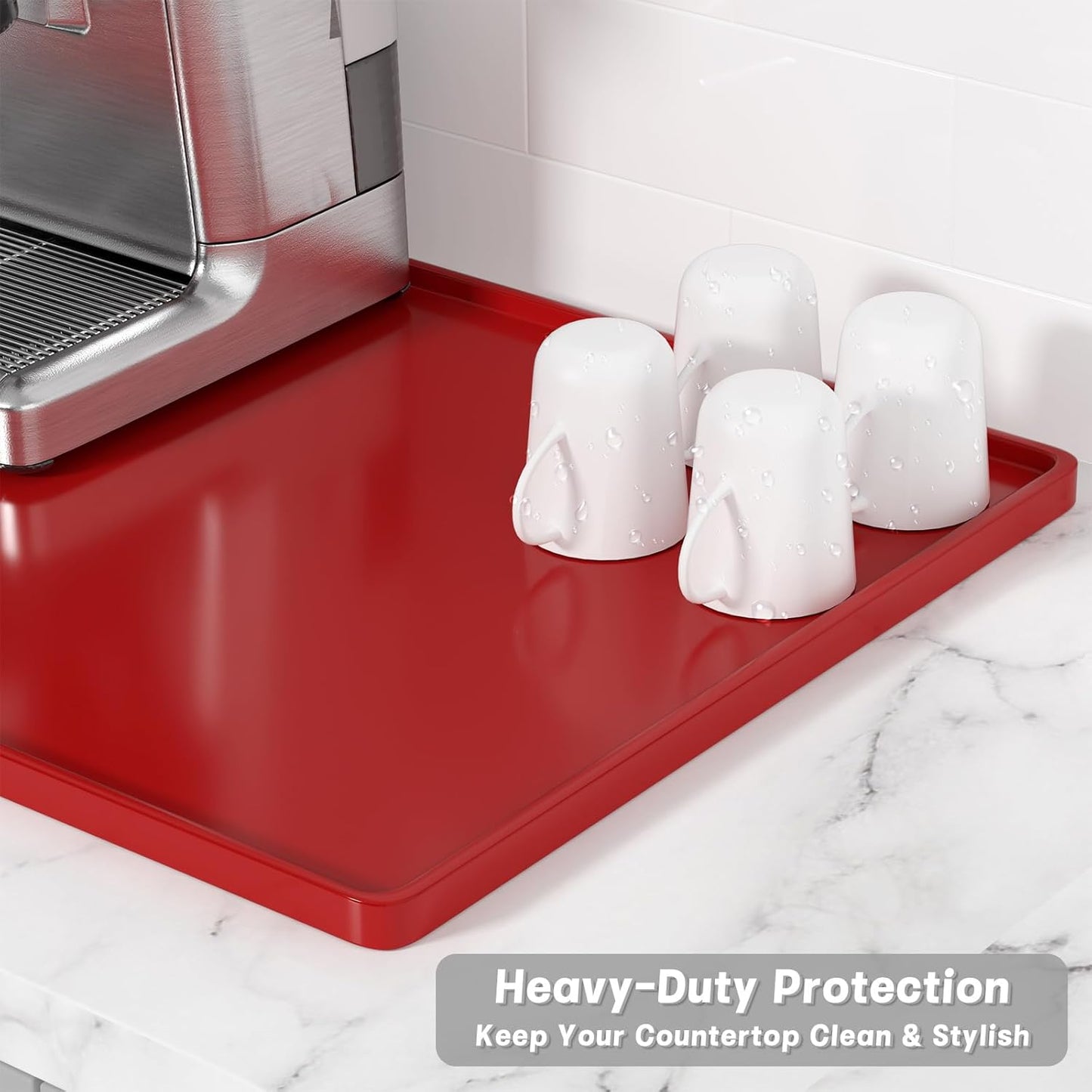 Rnivvi Silicone Coffee Mat, 16" x 24" Waterproof Raised Edge Coffee Bar Mats for Espresso Machine Station Accessories, Heat Resistant Dish Drying Pad for Kitchen Counter, Rubber Bar Decor Pad, Red