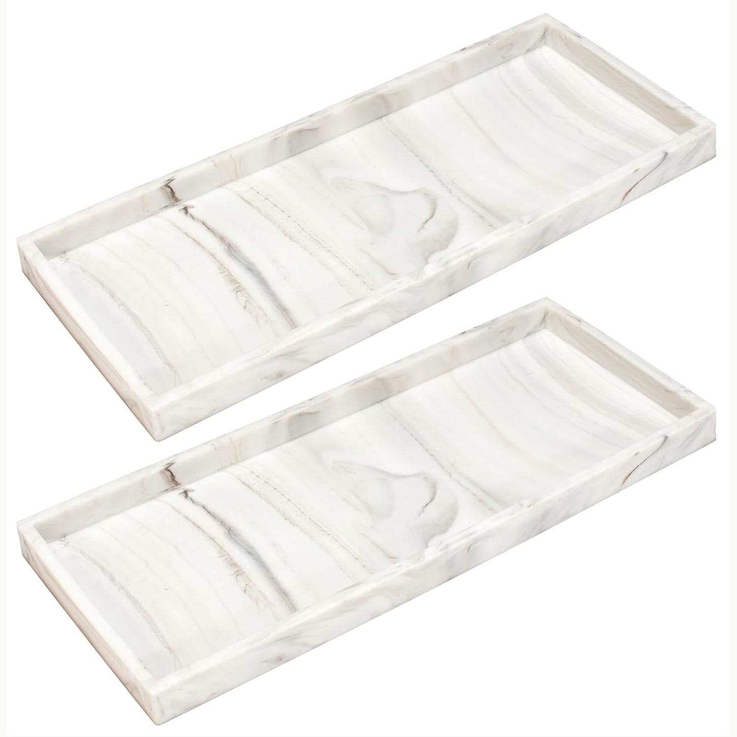 DNC Silicone Bathroom Tray for Counter, 2PC 11.8" Vanity Tray for Countertop, Kitchen Sink Soap Tray for Dish Holder Dispenser Toilet Tank Desk Organizer Marble White