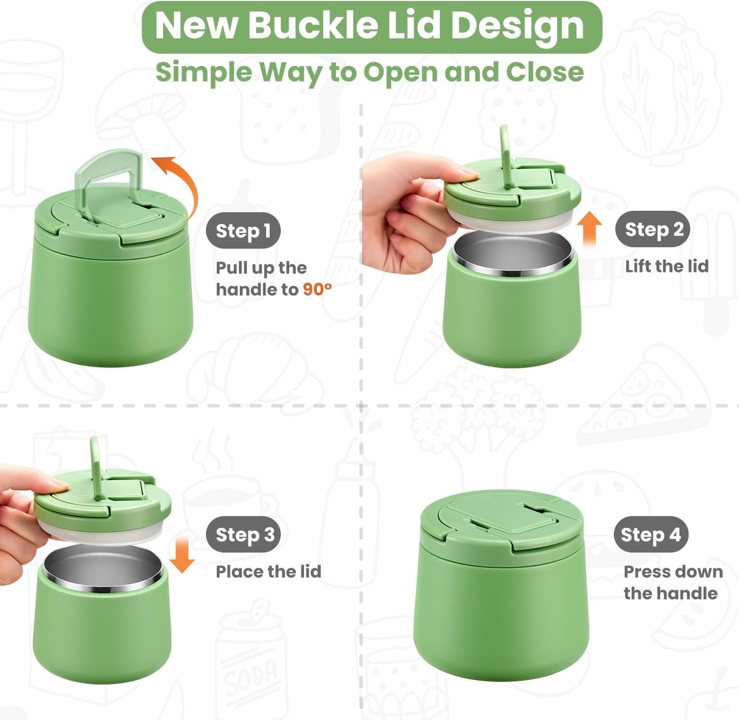 14oz Insulated Vacuum Food Jar with Buckle Lid,Soup Thermo for Hot Food Kids,Wide Mouth Leakproof Stainless Steel Lunch Container with Spoon-Green