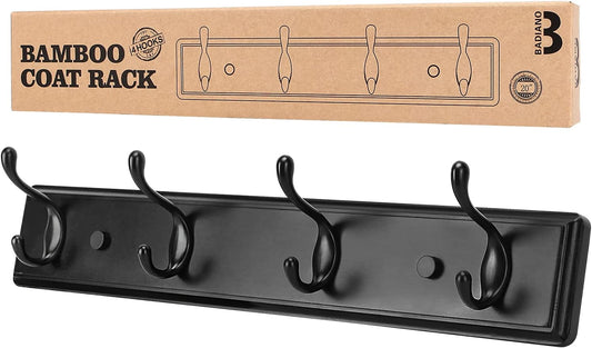 Wooden Coat Rack, Wall-Mounted Organizer for Closet, Entryway, Hallway, Foyer, Bedroom, Heavy Duty Double Hooks for Hanging Towels, Bags, Hats, Jackets, Key (Black, 4 Hooks)