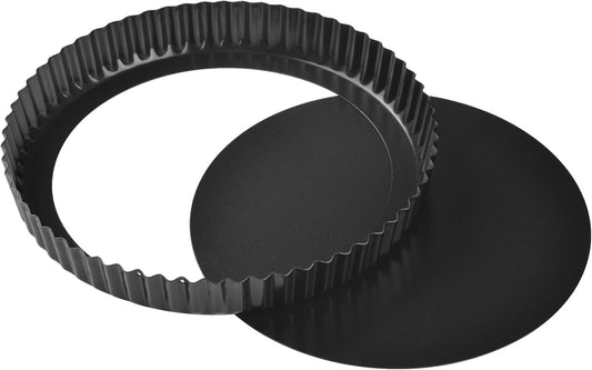 9-Inch Round Tart Pan with Loose Removable Bottom, Non-Stick Carbon Steel Quiche Pan for Oven Baking (Black)
