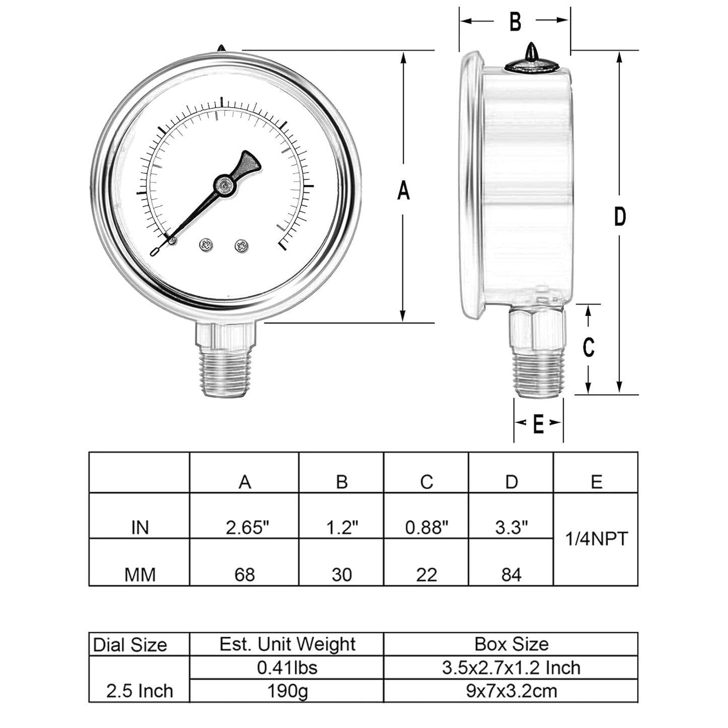Glycerin Filled Vacuum Pressure Gauge, 2-1/2" Clear dial,1/4" NPT Bottom Connection, Stainless Steel Case, Brass Movement, Dual Scales -30inHg/-1BAR-0